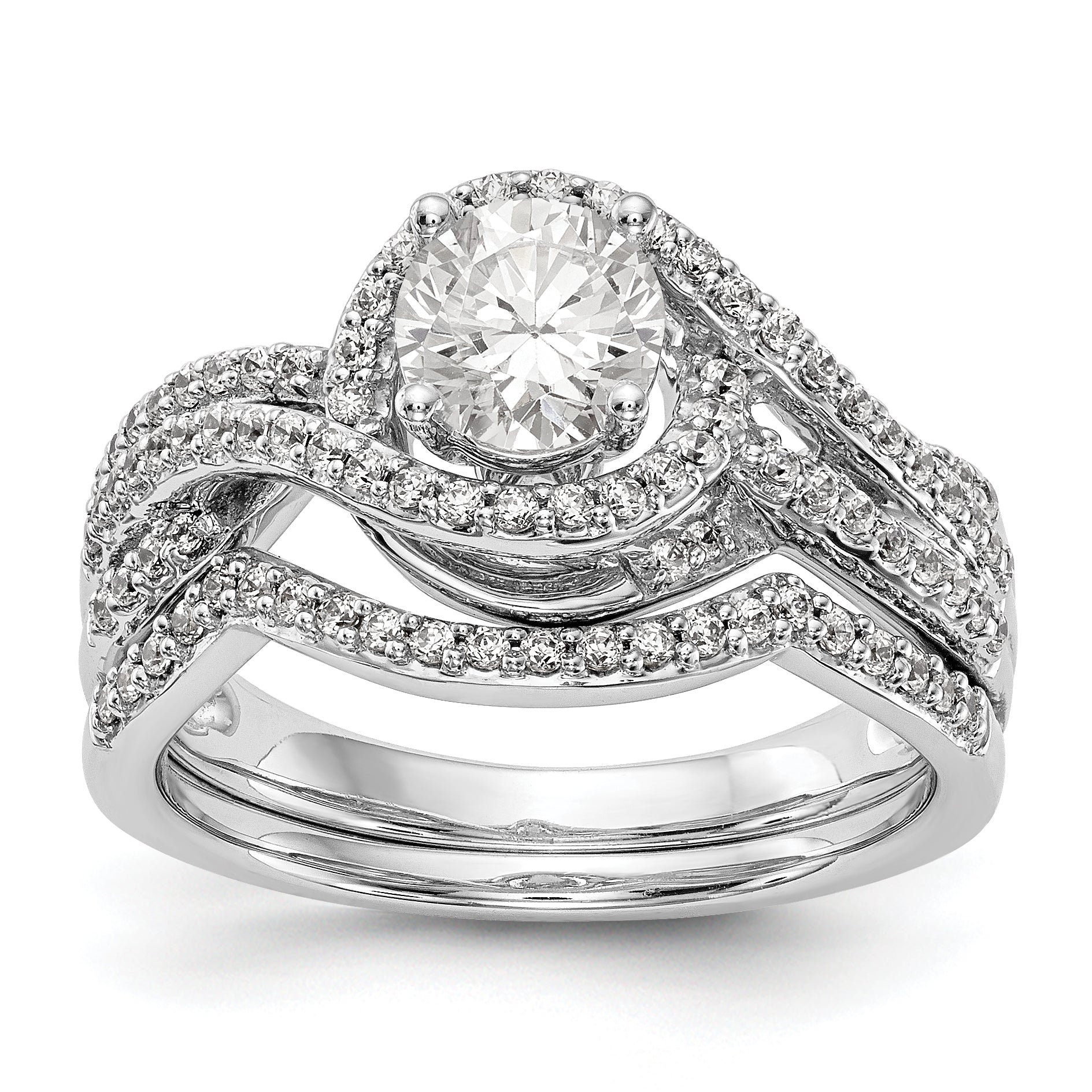 14k White Gold Peg Set Simulated Diamond By Pass Engagement Ring