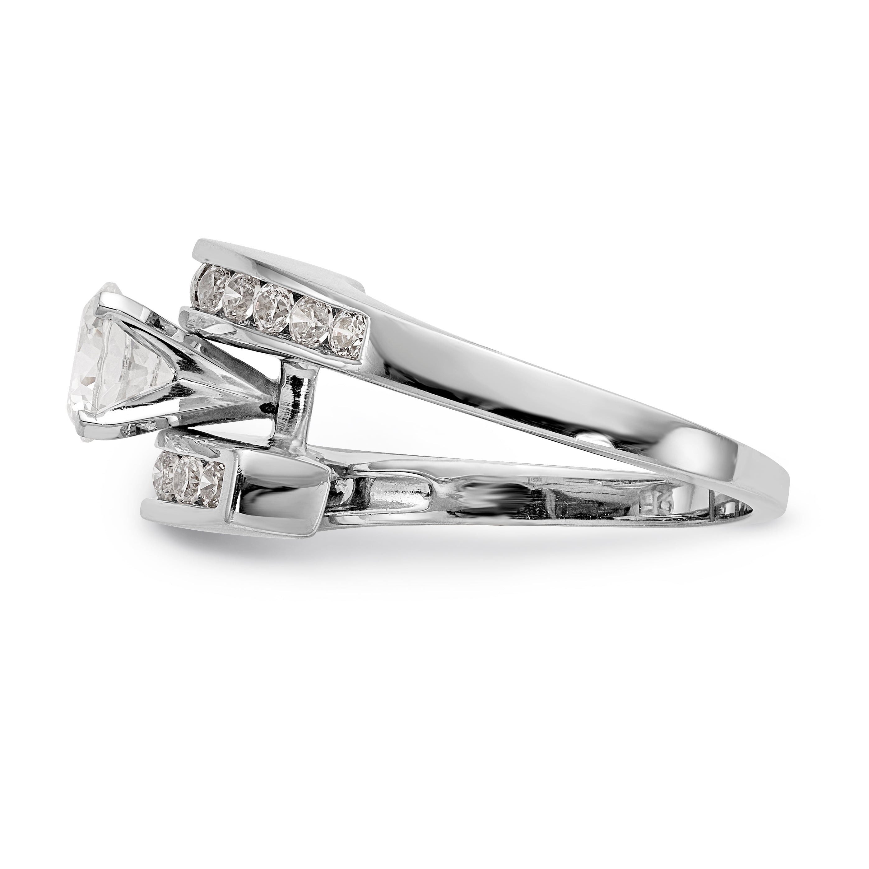 14k White Gold Peg Set Simulated Diamond By Pass Engagement Ring