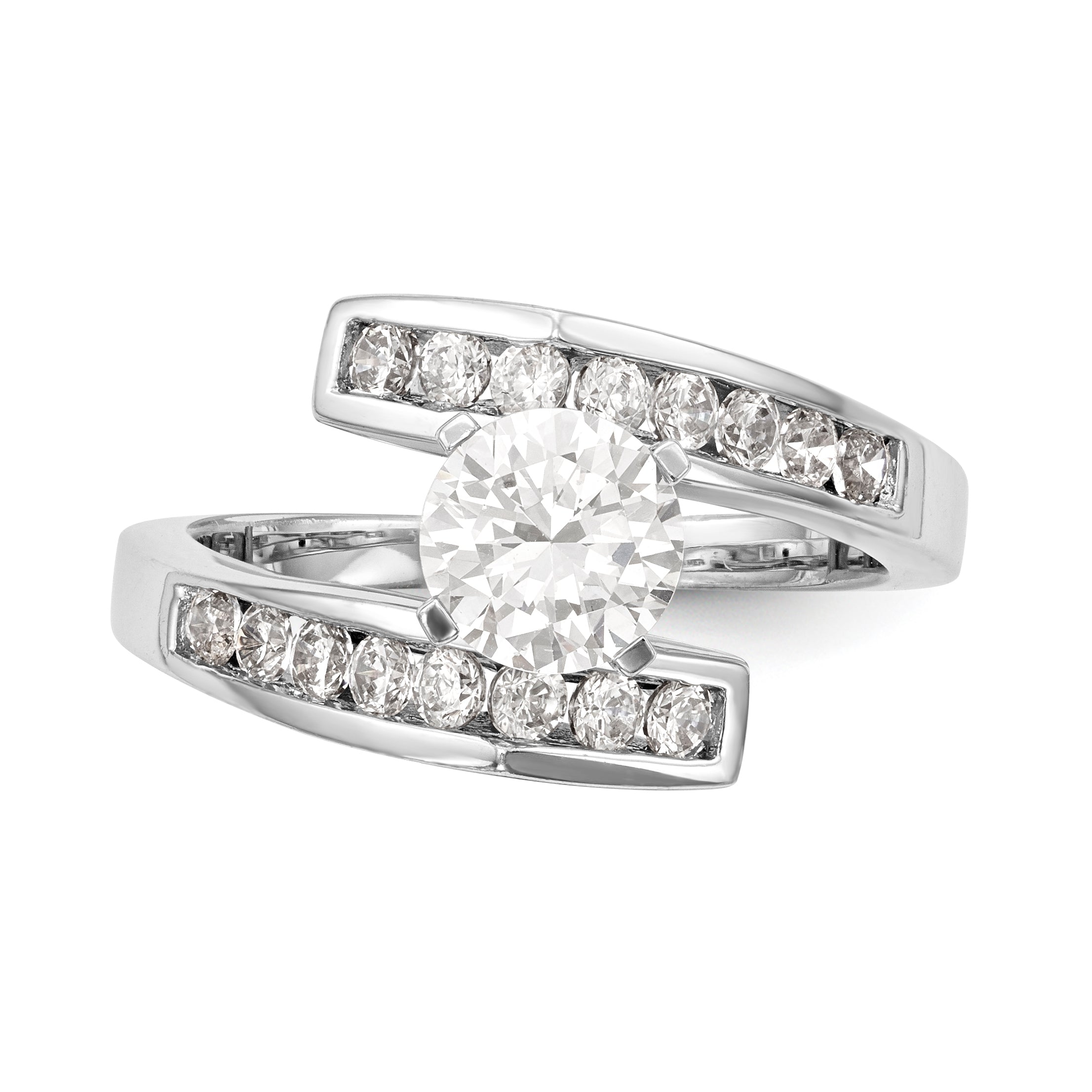 14k White Gold Peg Set Simulated Diamond By Pass Engagement Ring