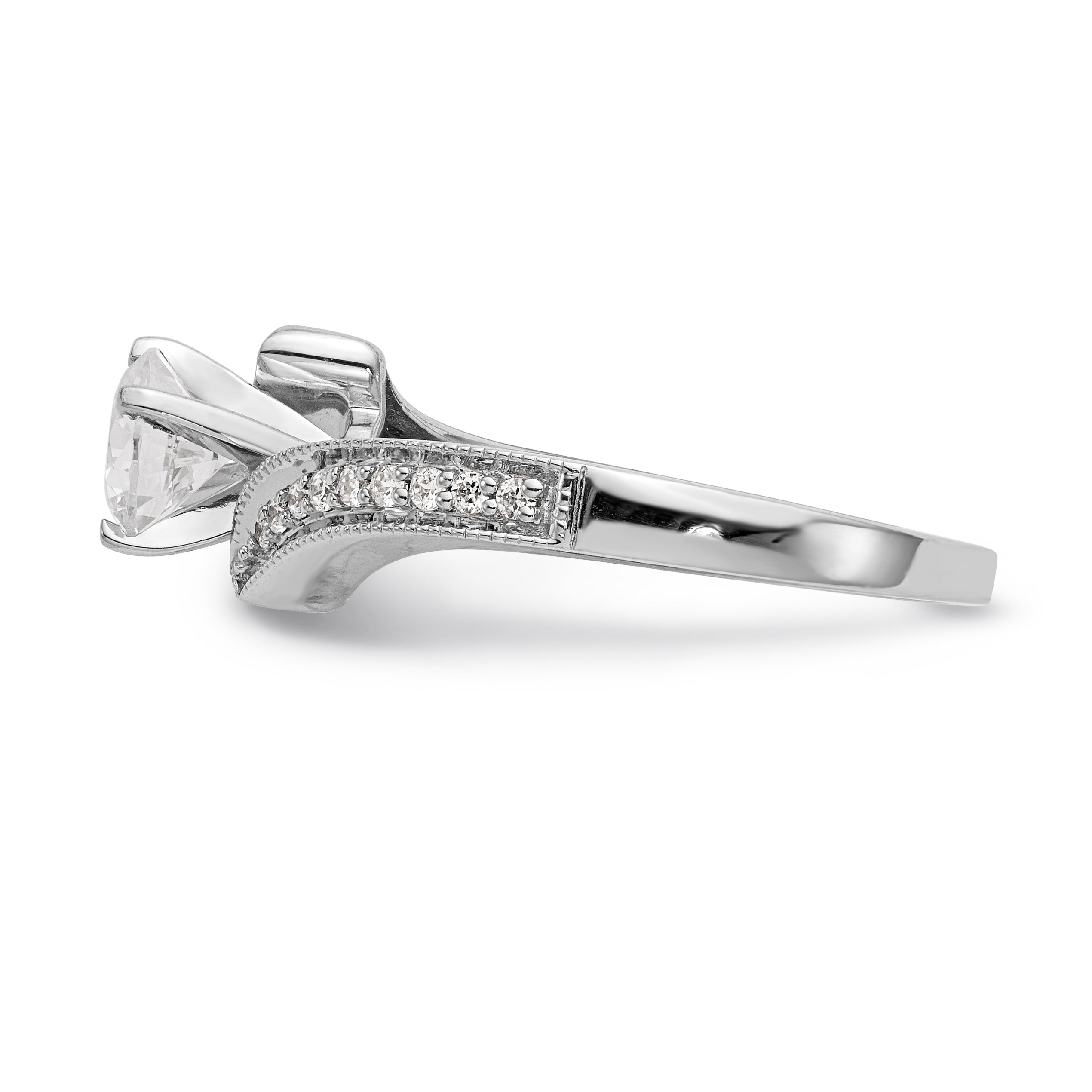 14k White Gold Peg Set Simulated Diamond By Pass Engagement Ring
