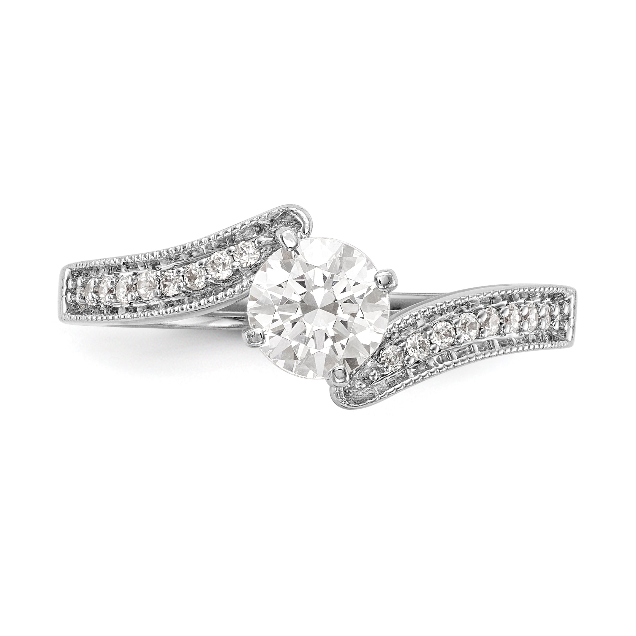 14k White Gold Peg Set Simulated Diamond By Pass Engagement Ring