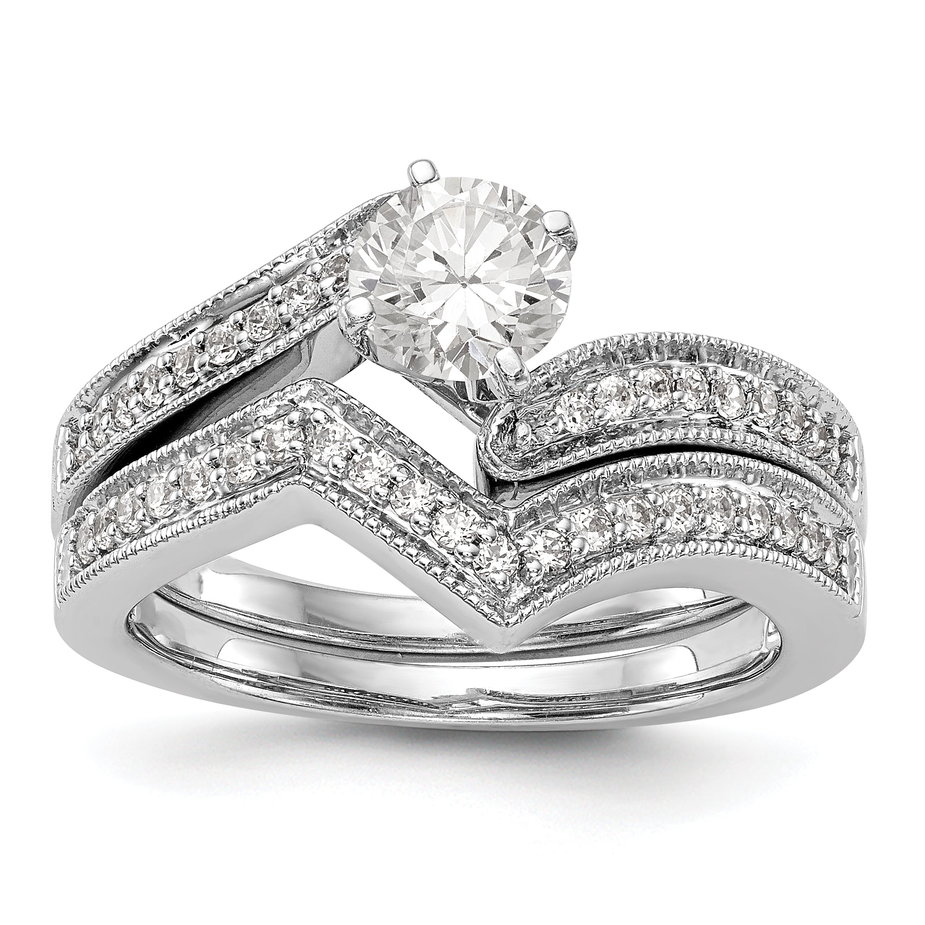 14k White Gold Peg Set Simulated Diamond By Pass Engagement Ring