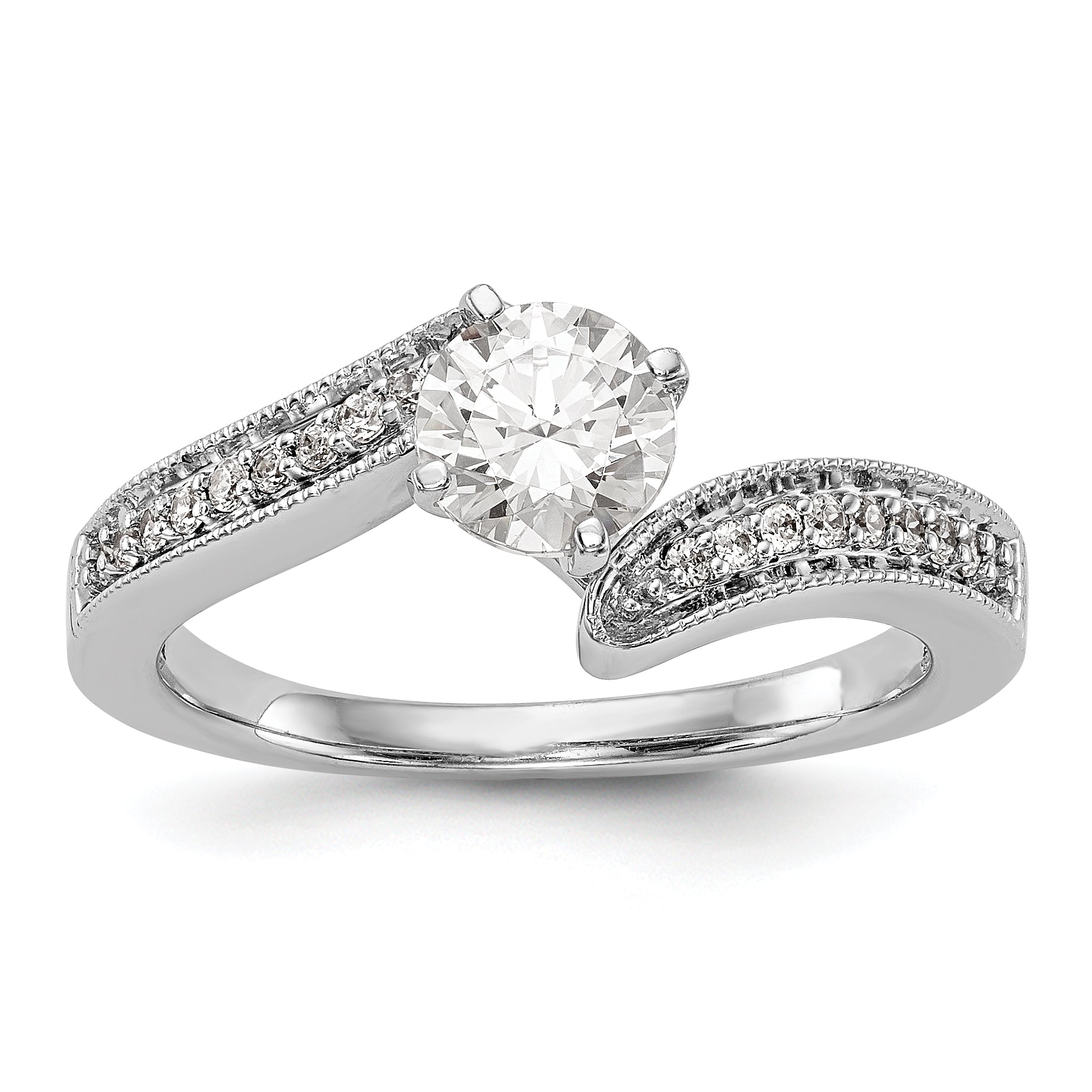 14k White Gold Peg Set Simulated Diamond By Pass Engagement Ring
