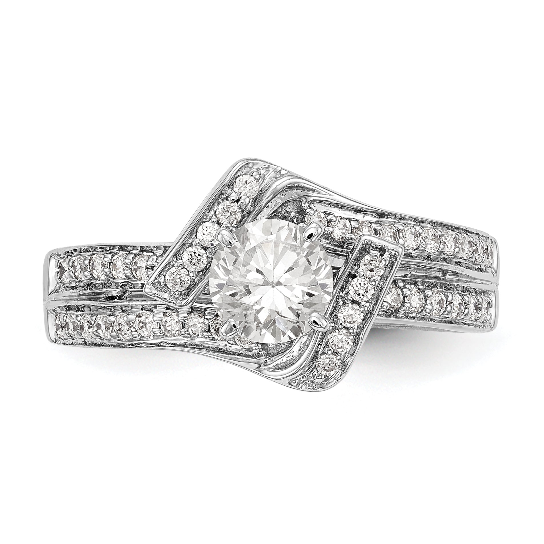 14k White Gold Peg Set Simulated Diamond By Pass Engagement Ring
