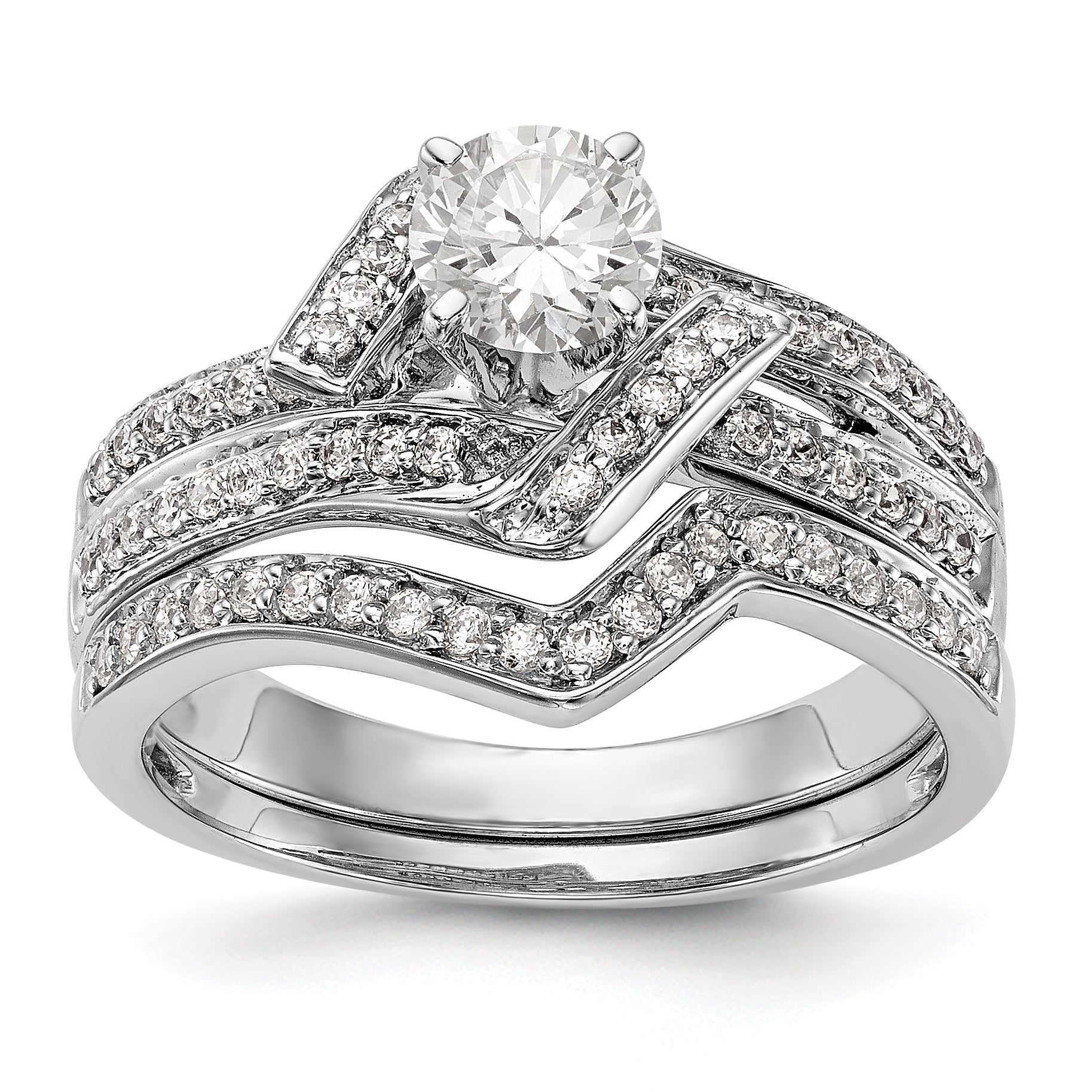 14k White Gold Peg Set Simulated Diamond By Pass Engagement Ring
