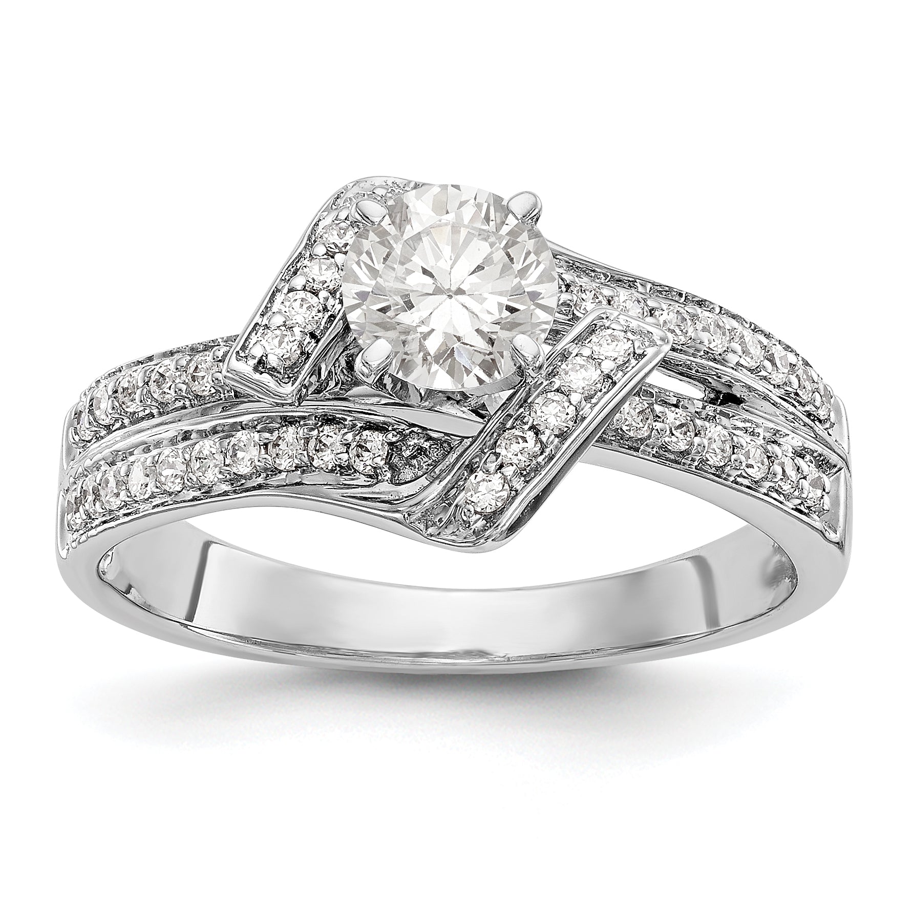 14k White Gold Peg Set Simulated Diamond By Pass Engagement Ring