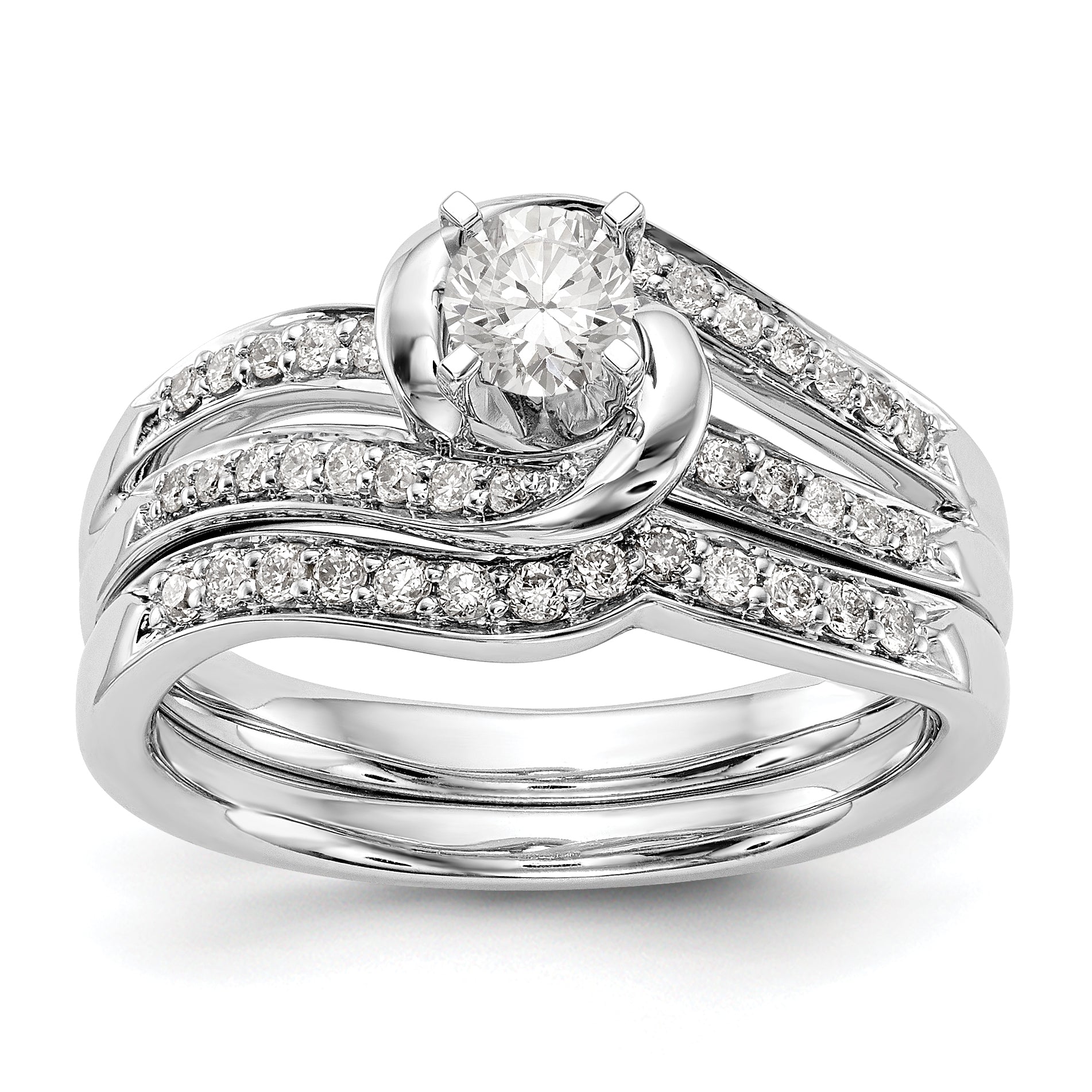 14k White Gold Peg Set Simulated Diamond By Pass Engagement Ring