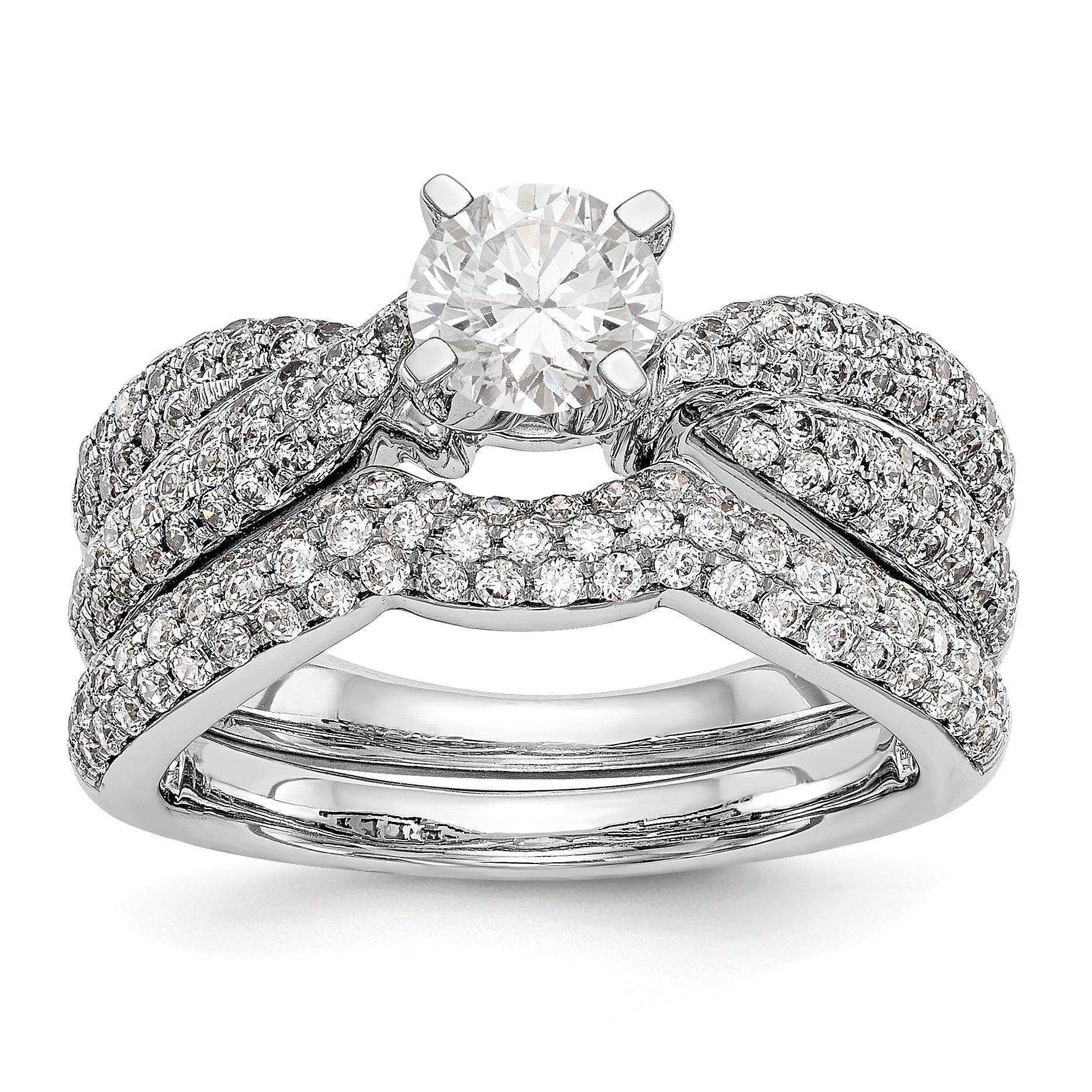 14k White Gold Peg Set Simulated Diamond By Pass Engagement Ring