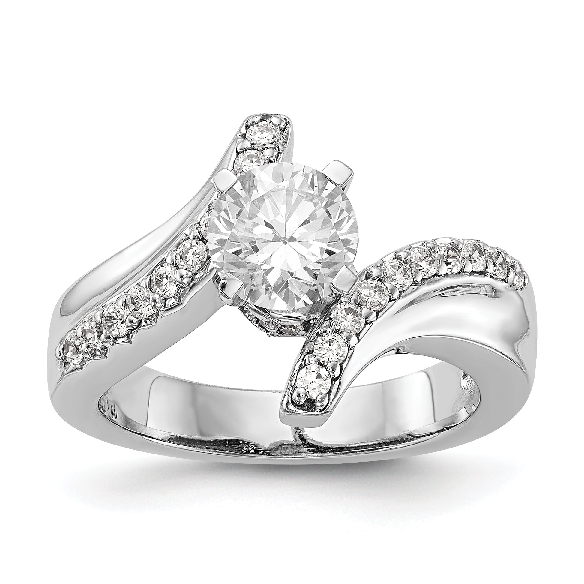 14k White Gold Peg Set Simulated Diamond By Pass Engagement Ring