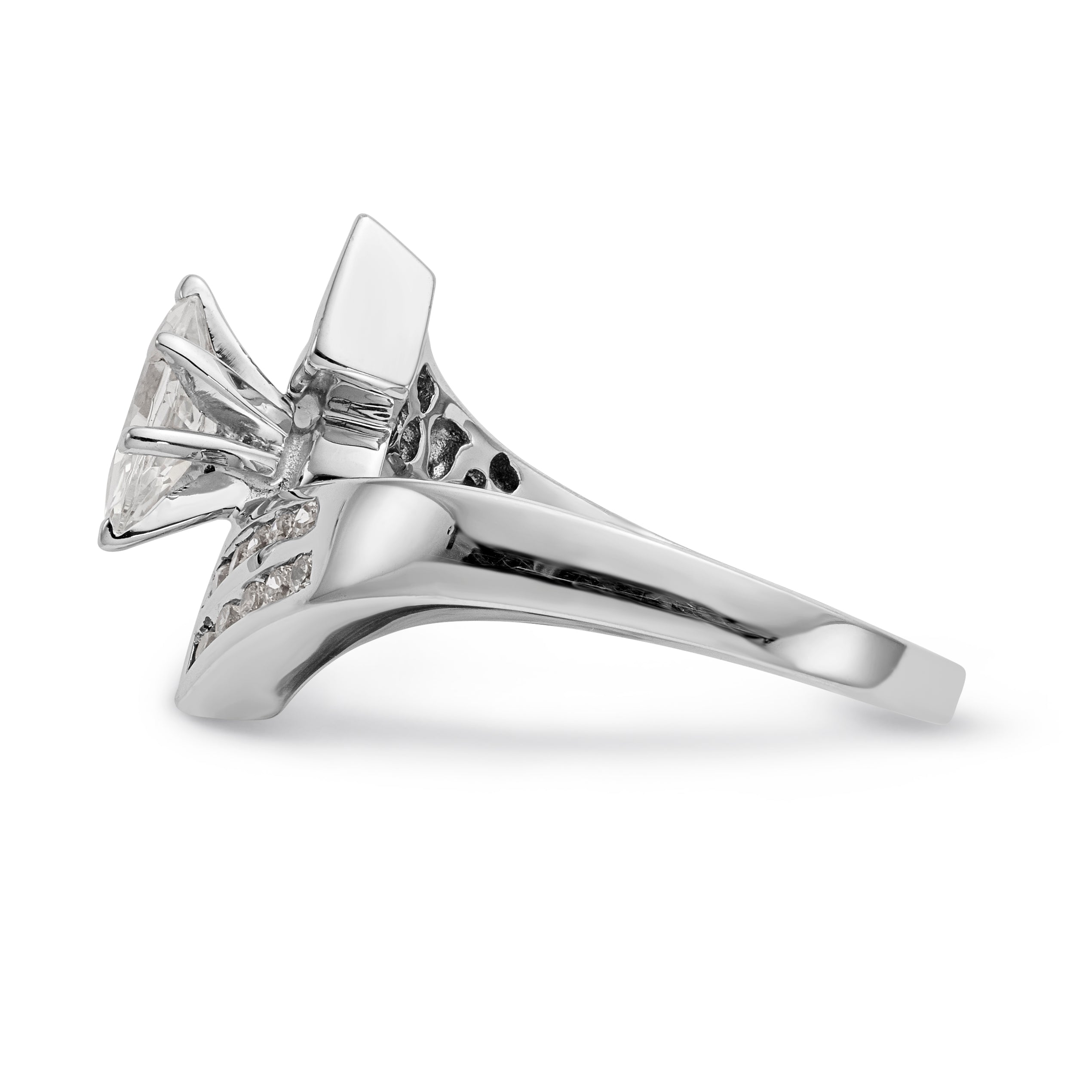 14k White Gold Peg Set Simulated Diamond By Pass Engagement Ring