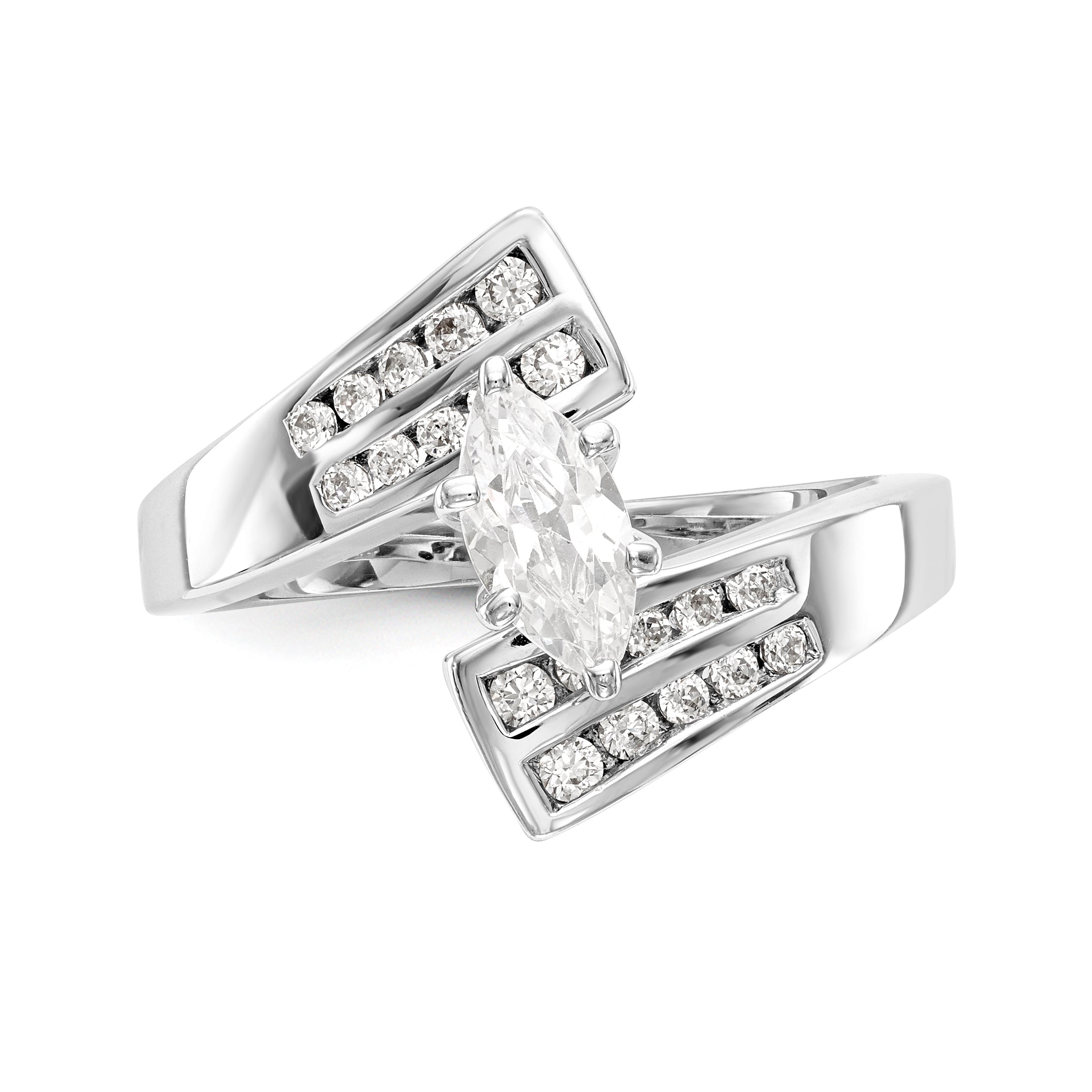 14k White Gold Peg Set Simulated Diamond By Pass Engagement Ring