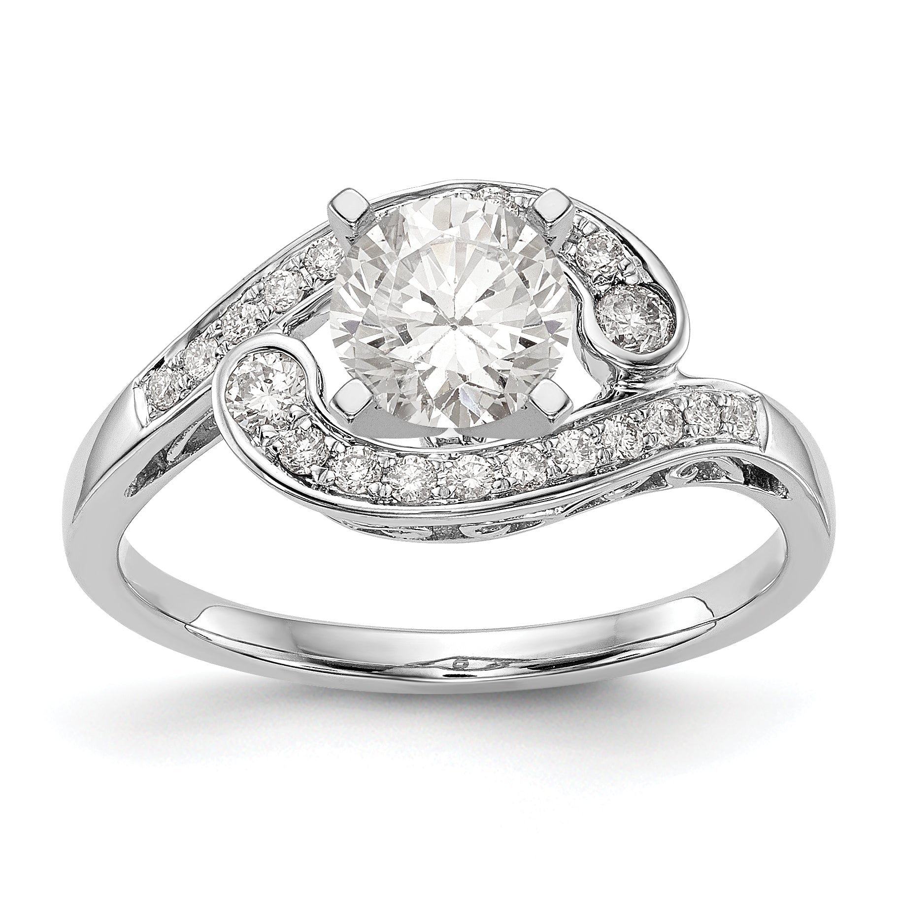 14k White Gold Peg Set Simulated Diamond By Pass Engagement Ring