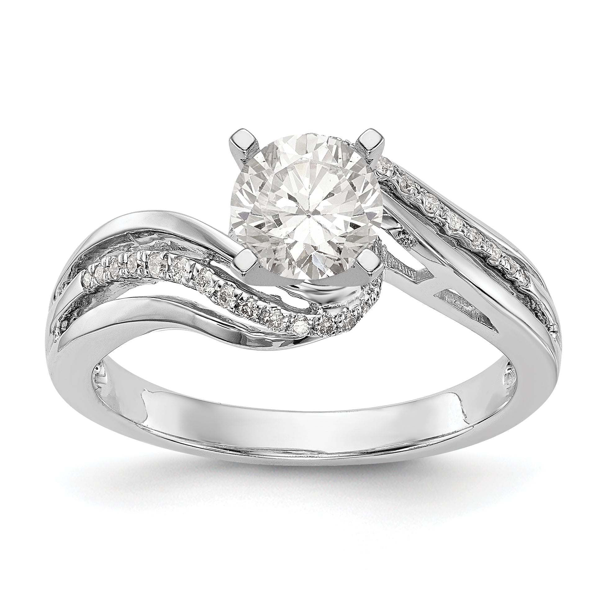 14k White Gold Peg Set Simulated Diamond By Pass Engagement Ring