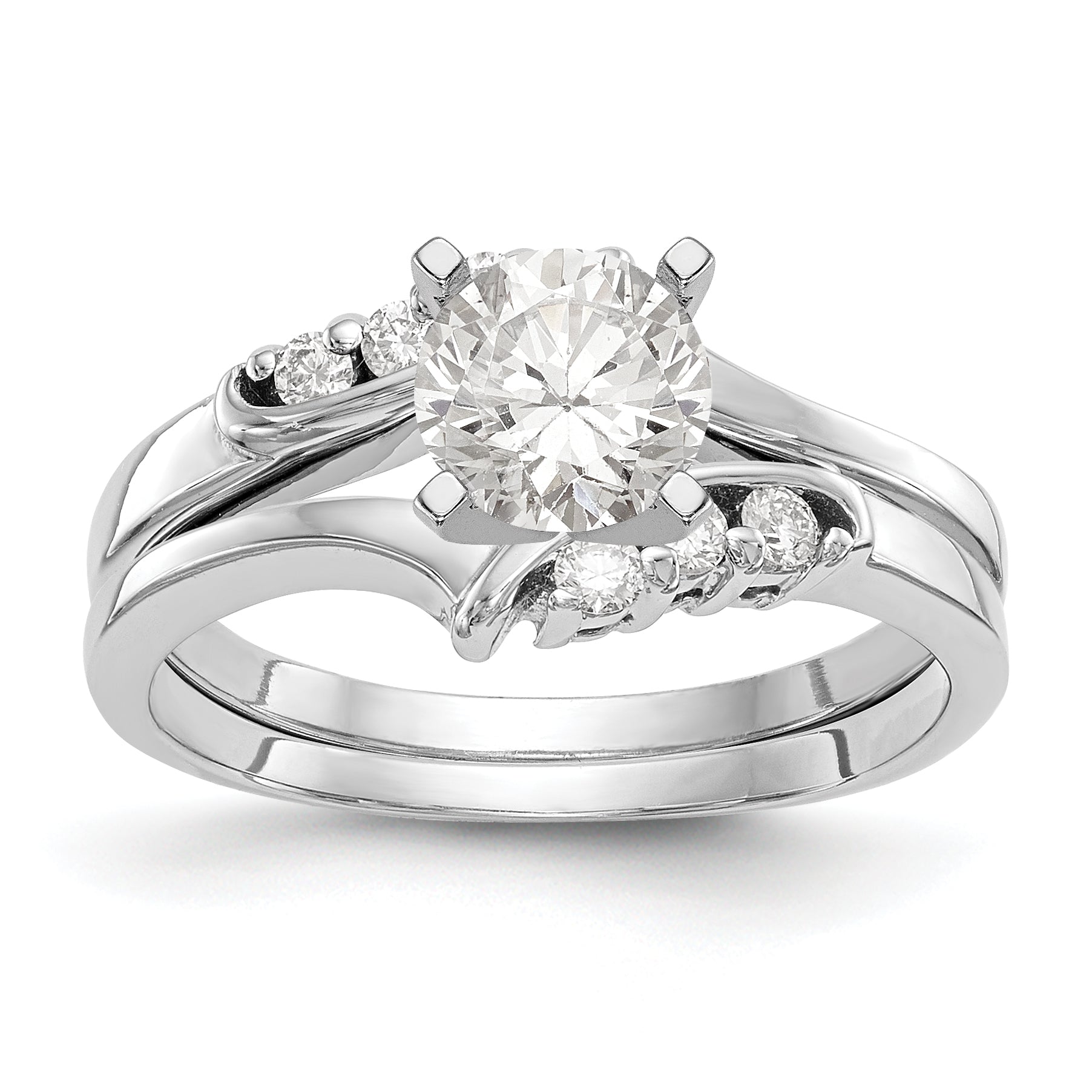 14k White Gold Peg Set Simulated Diamond By Pass Engagement Ring