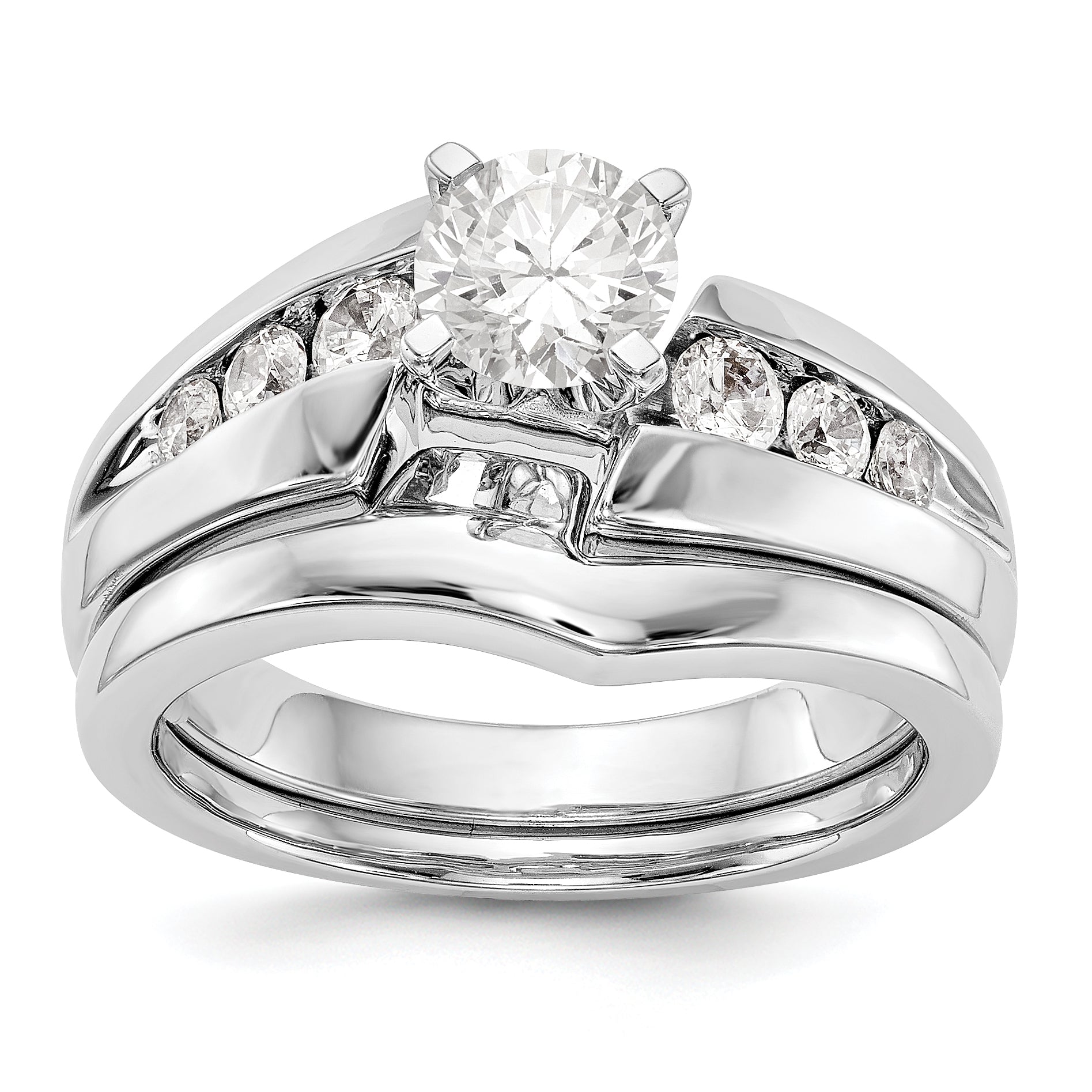 14k White Gold Peg Set Simulated Diamond By Pass Engagement Ring
