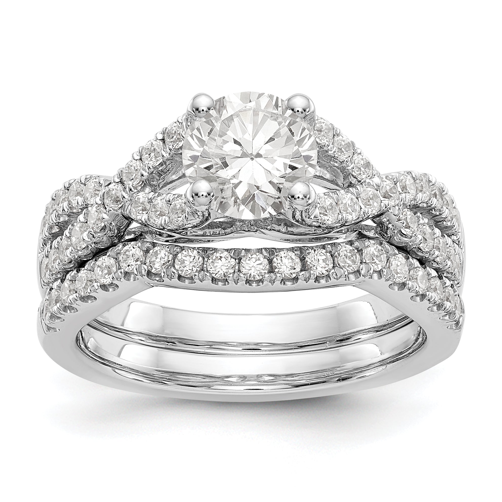 14k White Gold Diamond Round CZ Criss Cross Engagement Ring