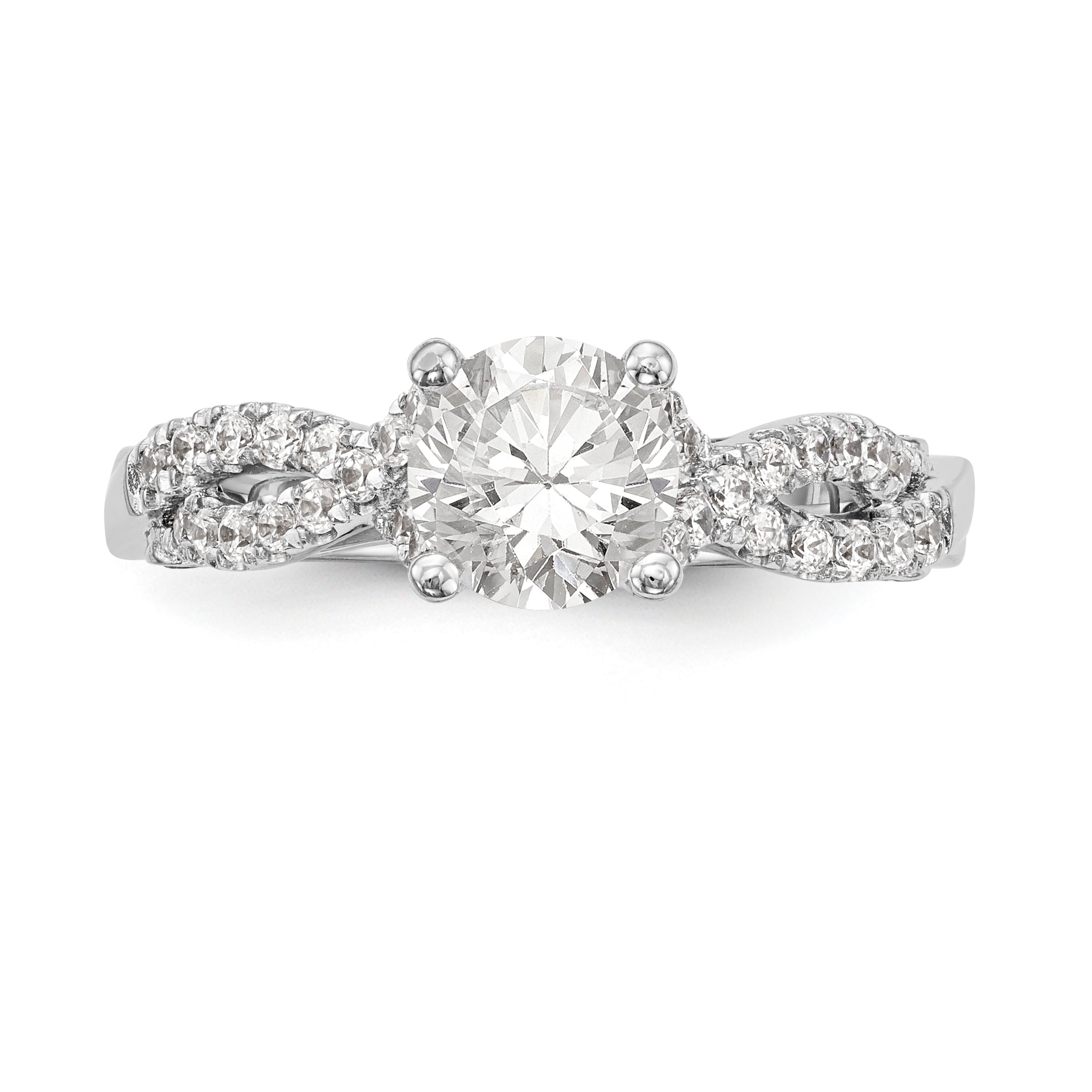 14k White Gold Diamond Round CZ Criss Cross Engagement Ring