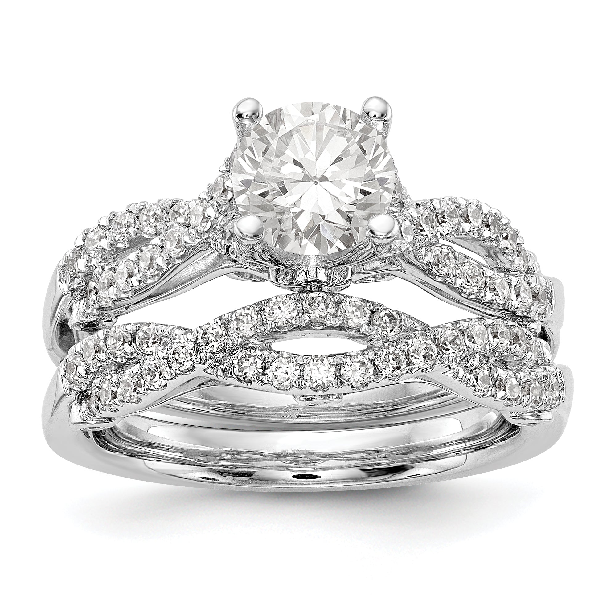 14k White Gold Diamond Round CZ Criss Cross Engagement Ring