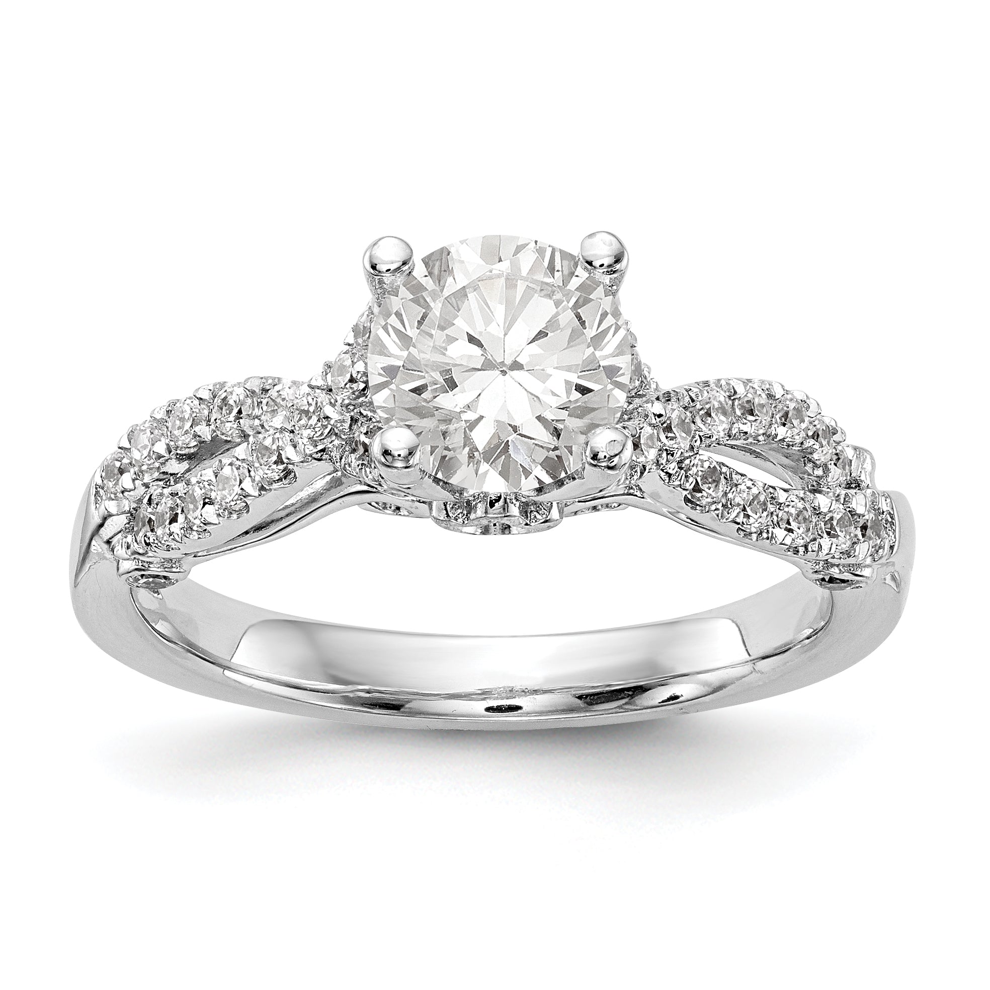 14k White Gold Diamond Round CZ Criss Cross Engagement Ring