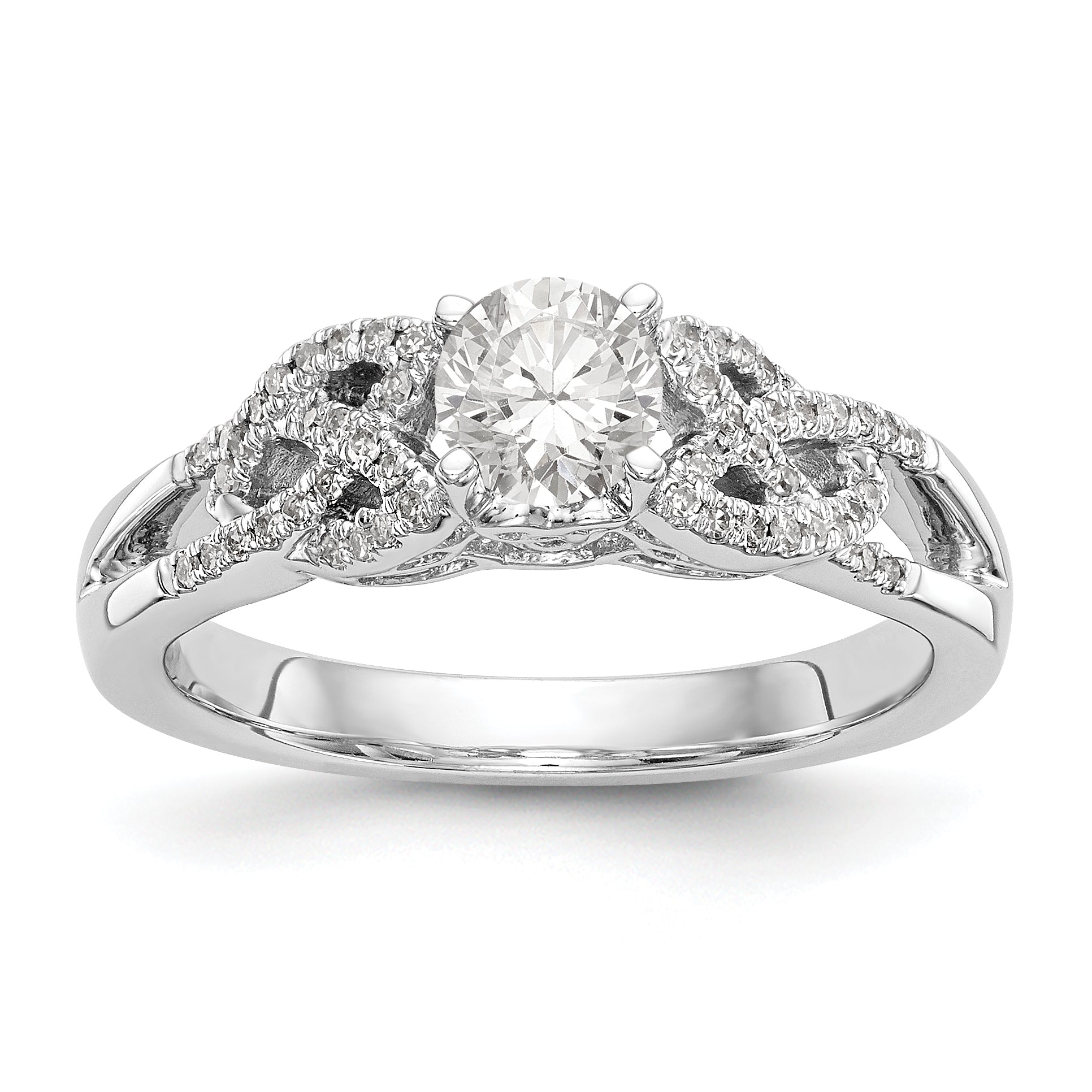 14k White Gold Diamond Round CZ Criss Cross Engagement Ring