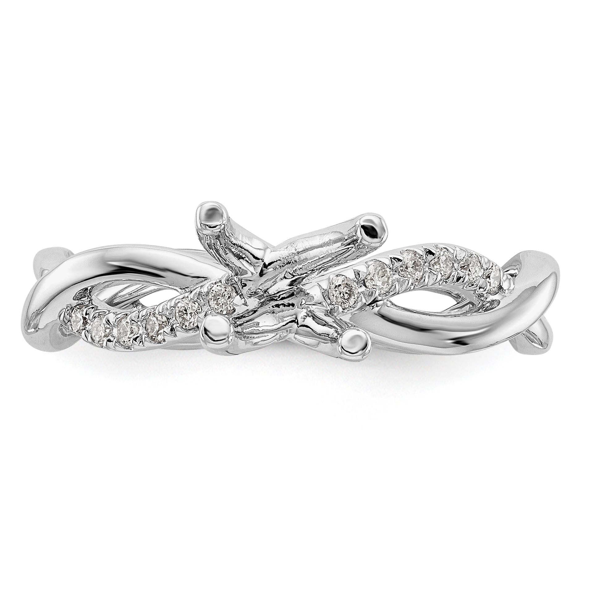 14k White Gold Diamond Round CZ Criss Cross Engagement Ring