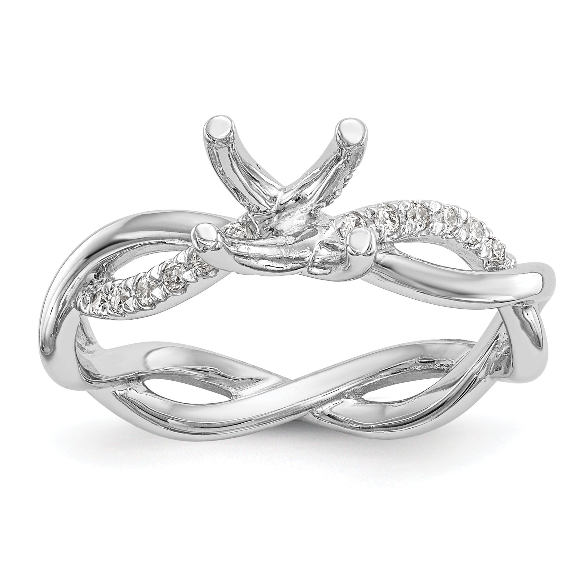 14k White Gold Diamond Round CZ Criss Cross Engagement Ring