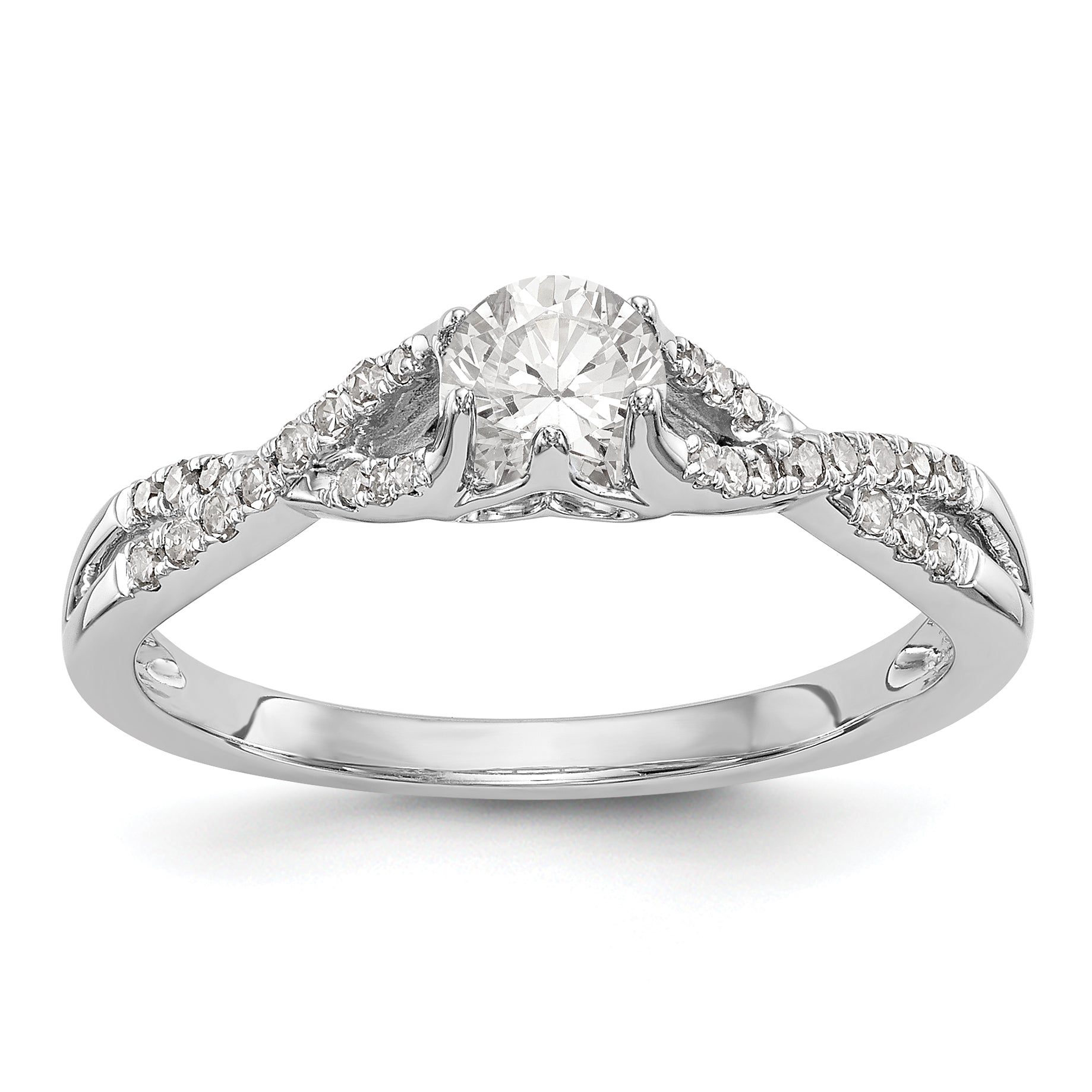 14k White Gold Diamond Round CZ Criss Cross Engagement Ring