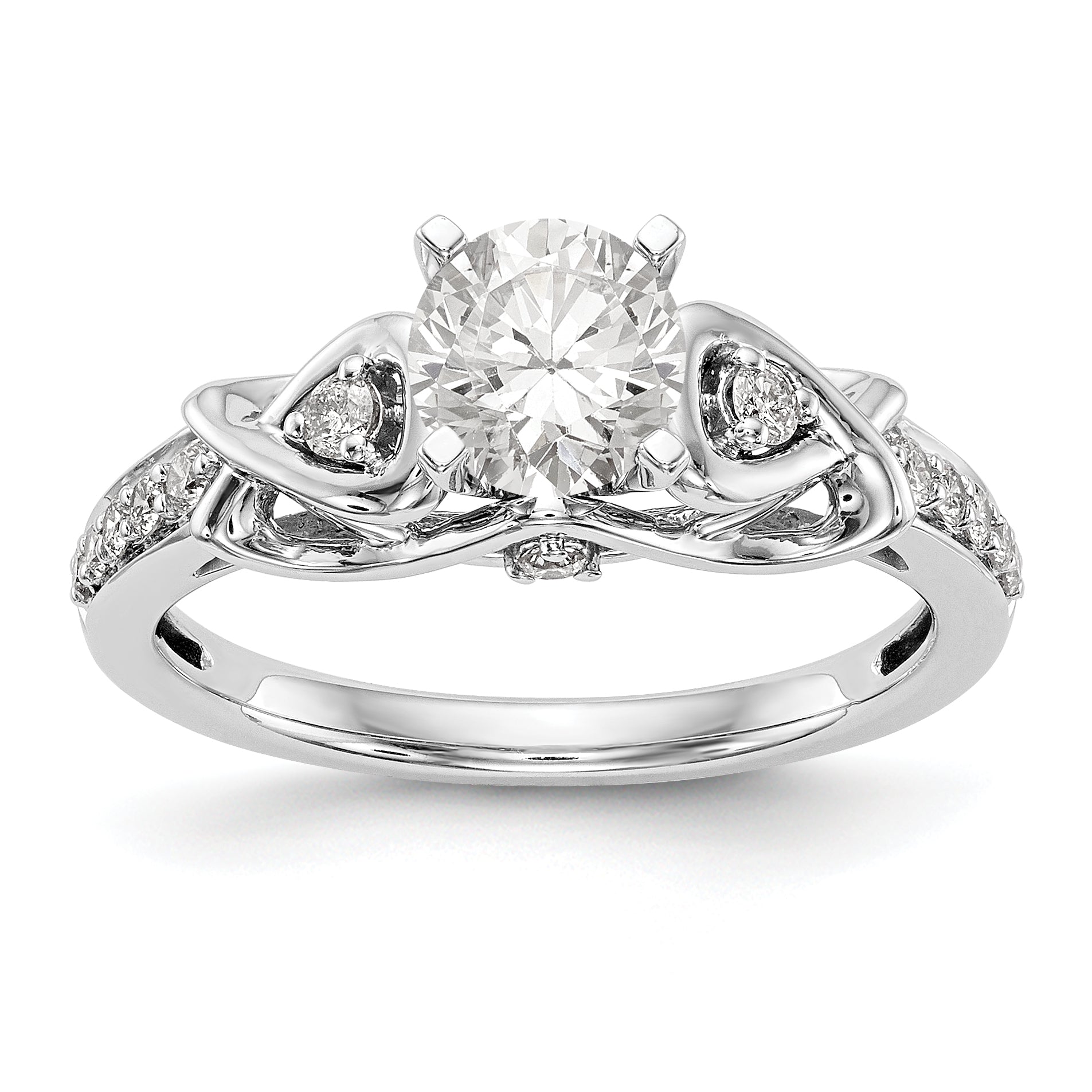 14k White Gold Peg Set Simulated Diamond Criss Cross Engagement Ring