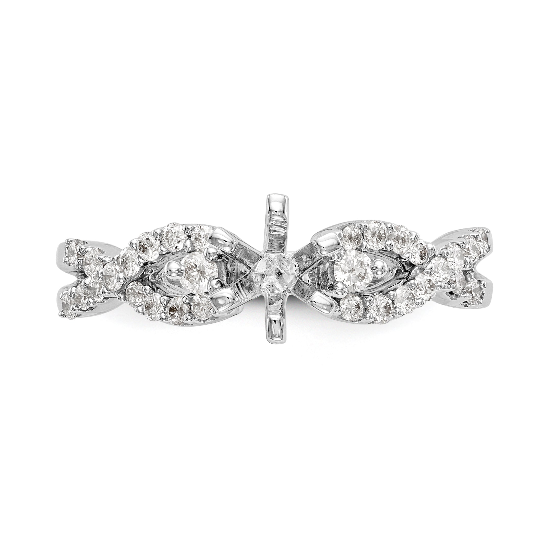 14k White Gold Peg Set Simulated Diamond Criss Cross Engagement Ring