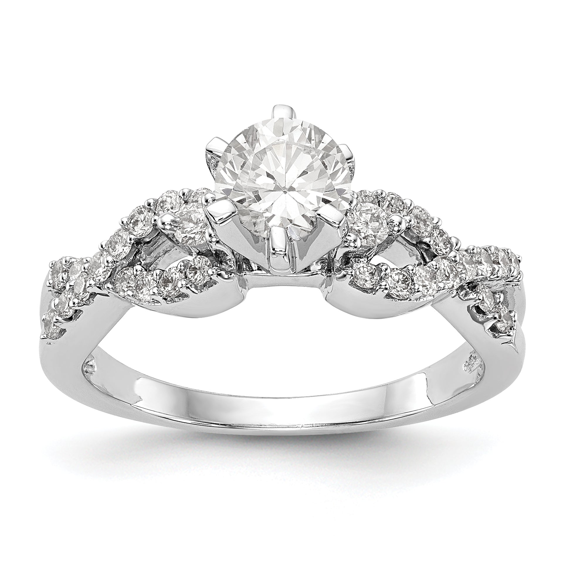 14k White Gold Peg Set Simulated Diamond Criss Cross Engagement Ring