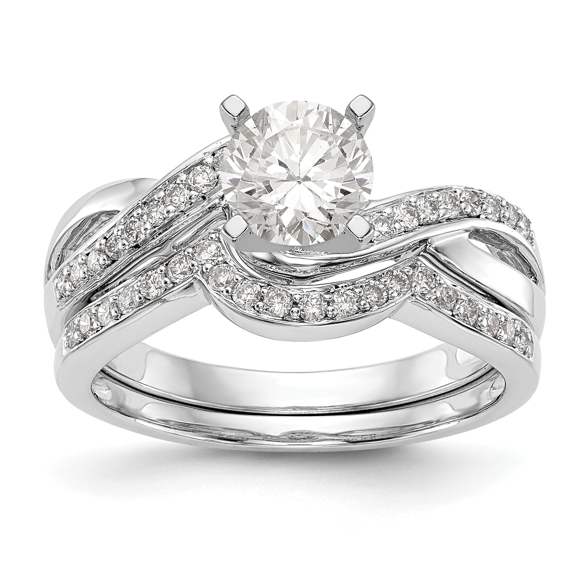 14k White Gold Peg Set Simulated Diamond Criss Cross Engagement Ring