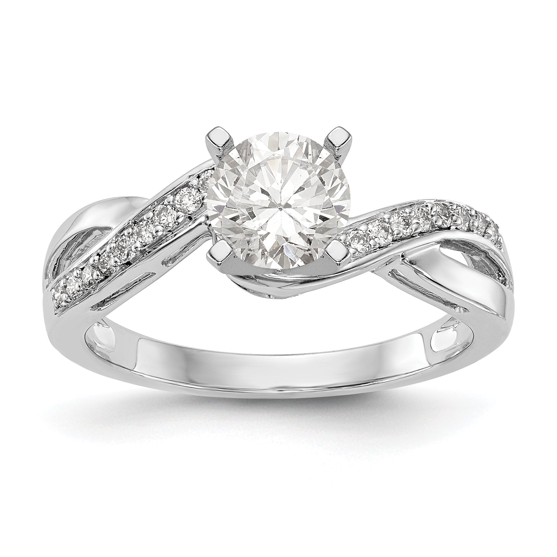 14k White Gold Peg Set Simulated Diamond Criss Cross Engagement Ring