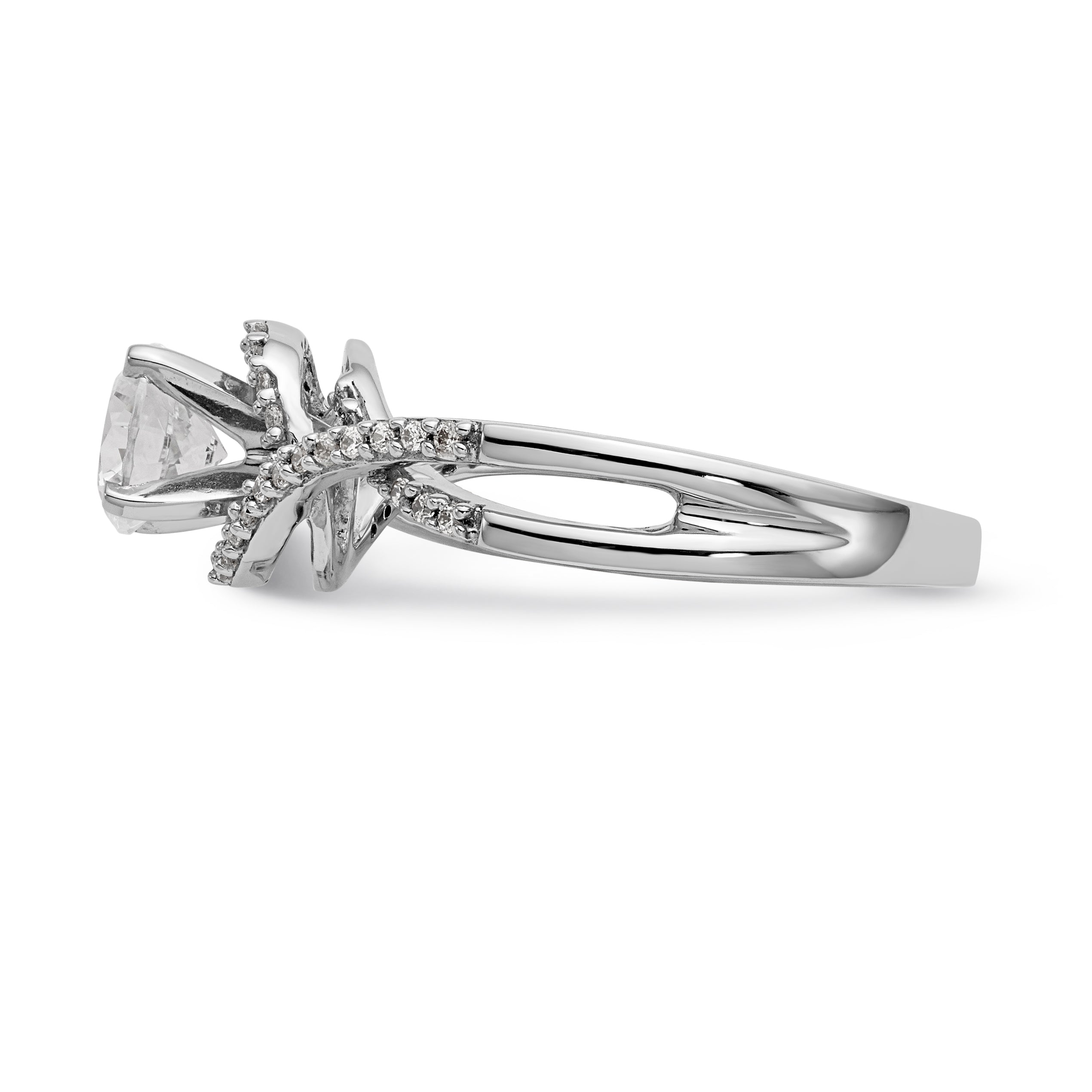 14k White Gold Peg Set Simulated Diamond Criss Cross Engagement Ring