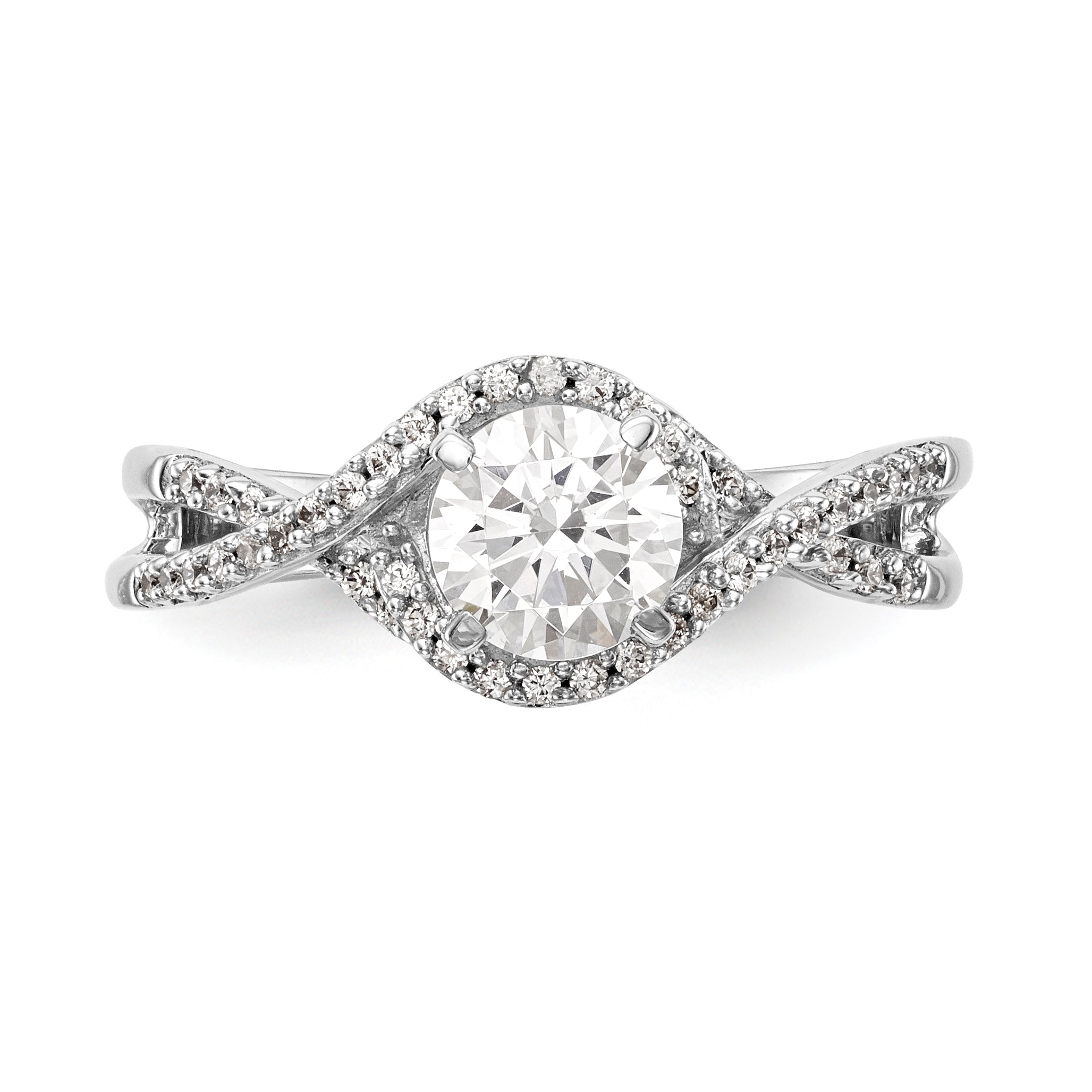 14k White Gold Peg Set Simulated Diamond Criss Cross Engagement Ring