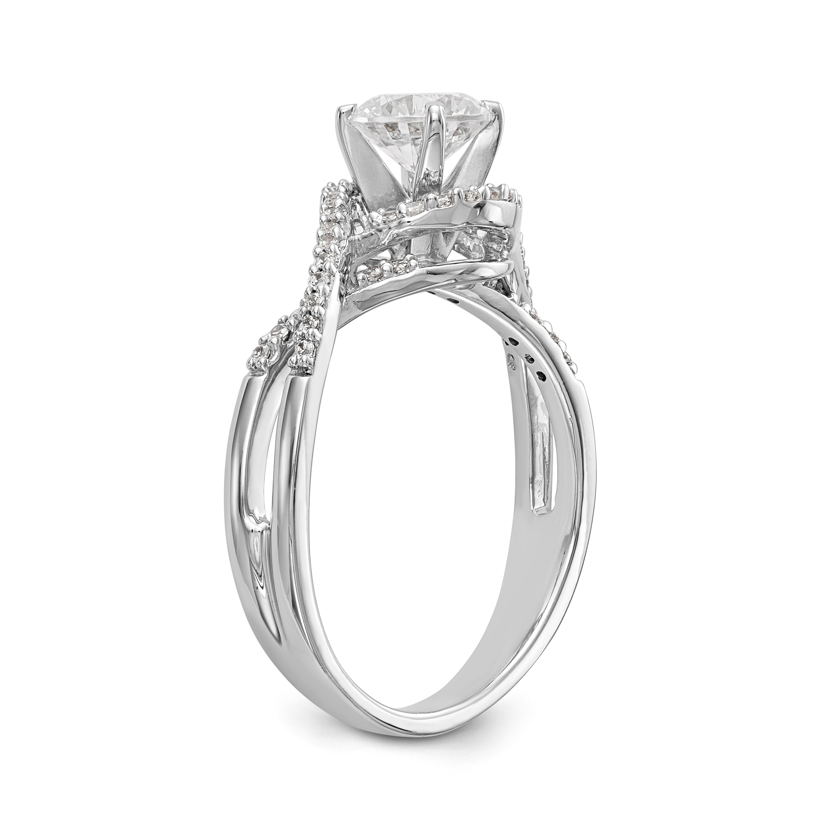 14k White Gold Peg Set Simulated Diamond Criss Cross Engagement Ring