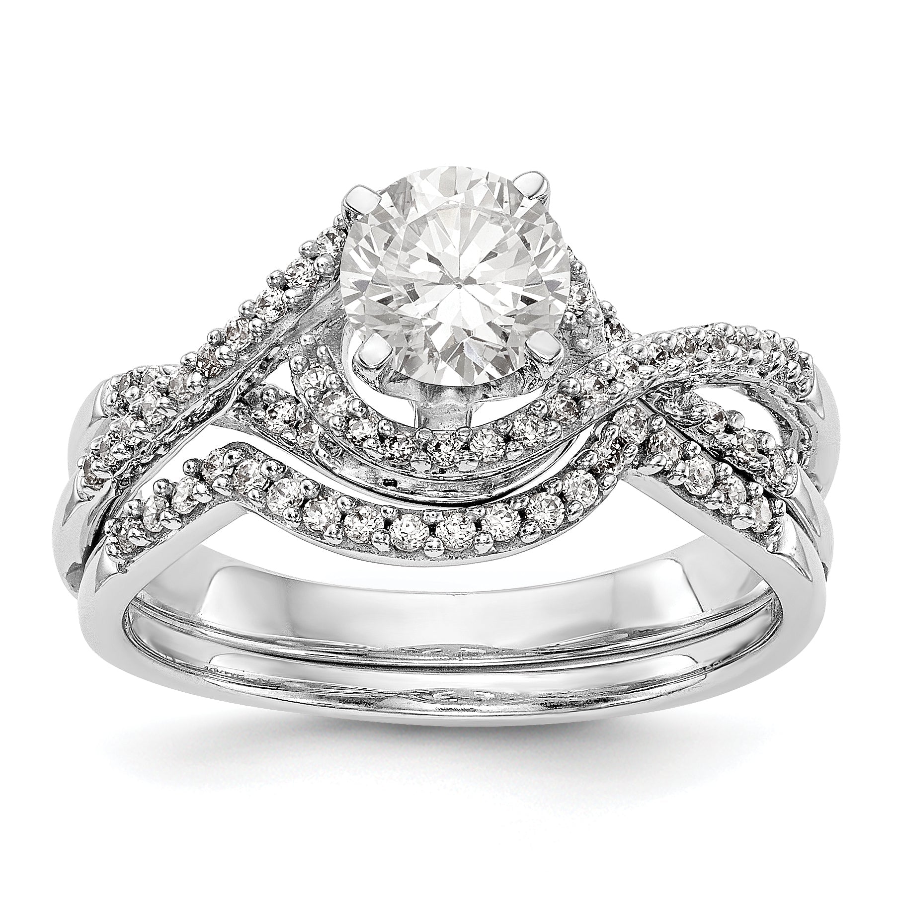 14k White Gold Peg Set Simulated Diamond Criss Cross Engagement Ring