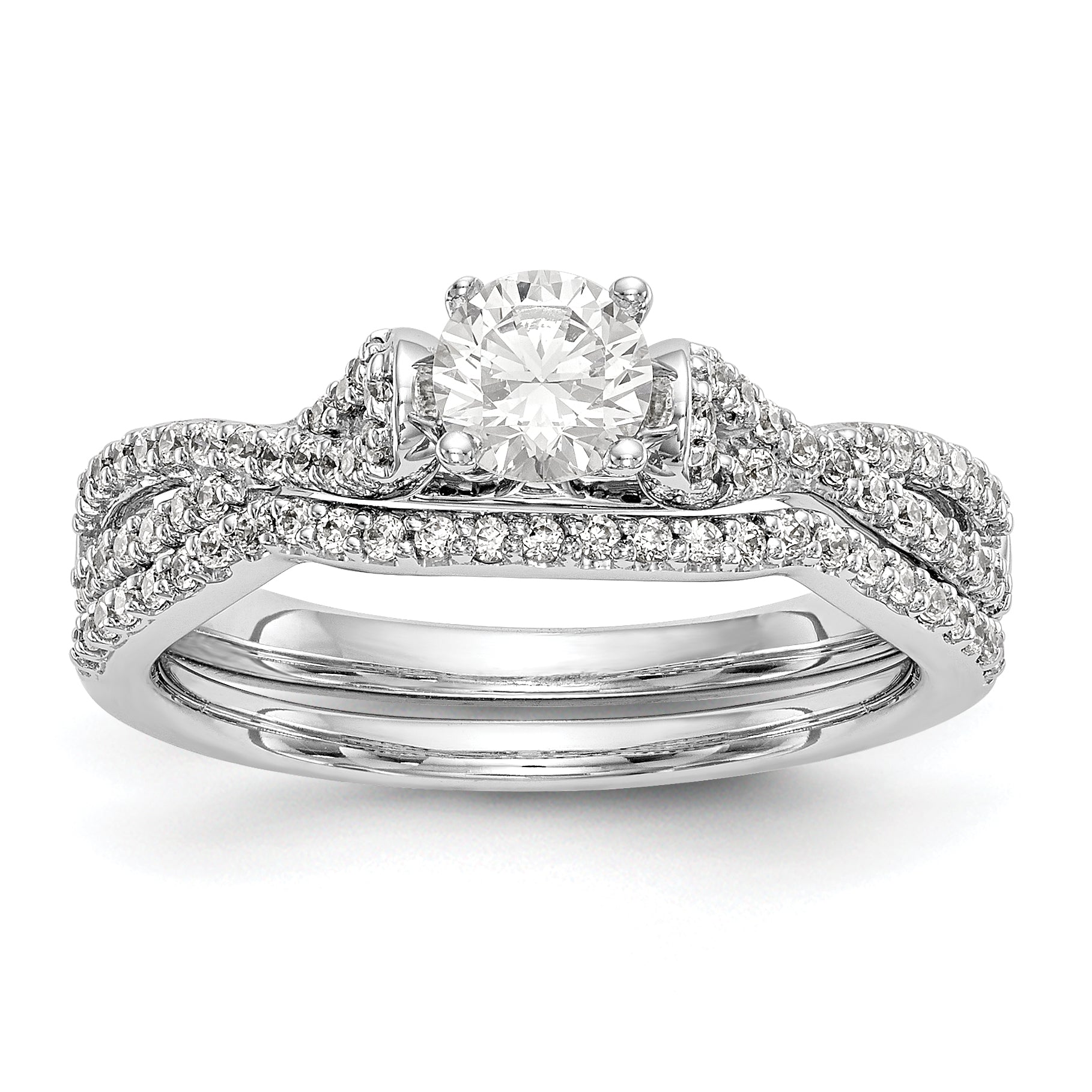 14kw Peg Set Simulated Diamond Criss Cross Engagement Ring