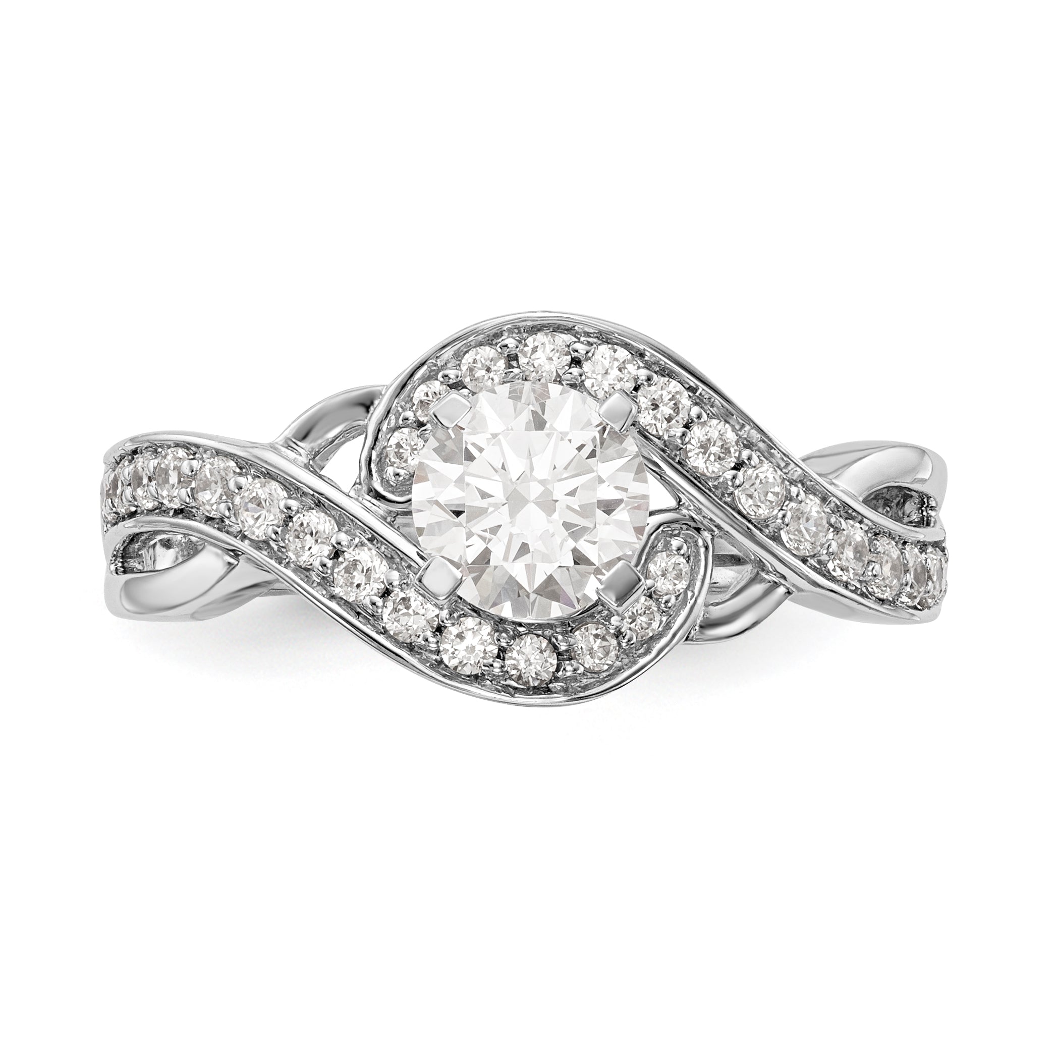 14k White Gold Peg Set Simulated Diamond Criss Cross Engagement Ring