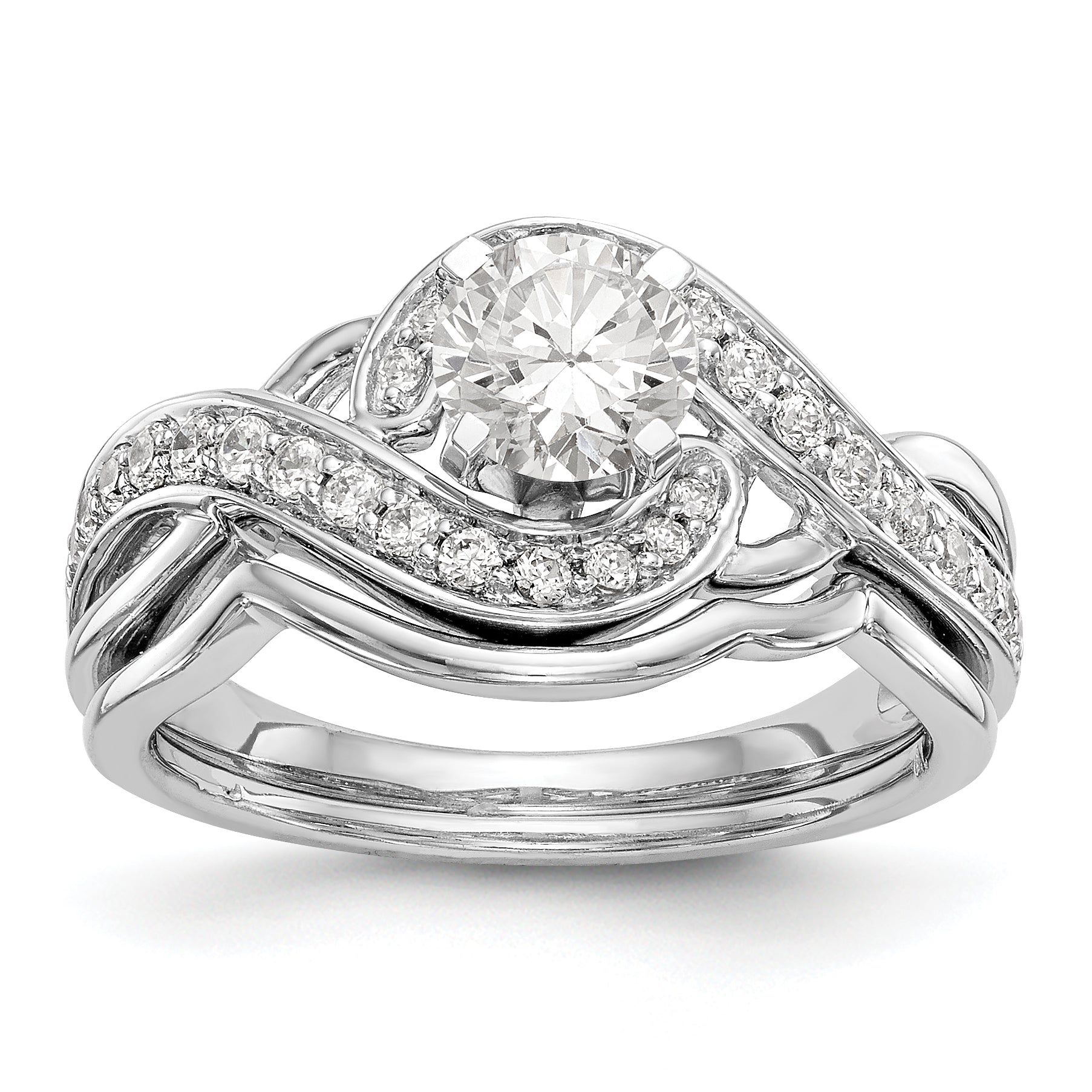 14k White Gold Peg Set Simulated Diamond Criss Cross Engagement Ring
