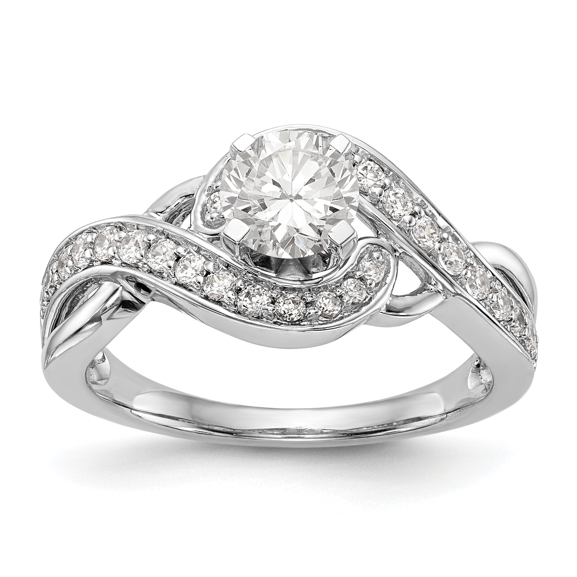 14k White Gold Peg Set Simulated Diamond Criss Cross Engagement Ring