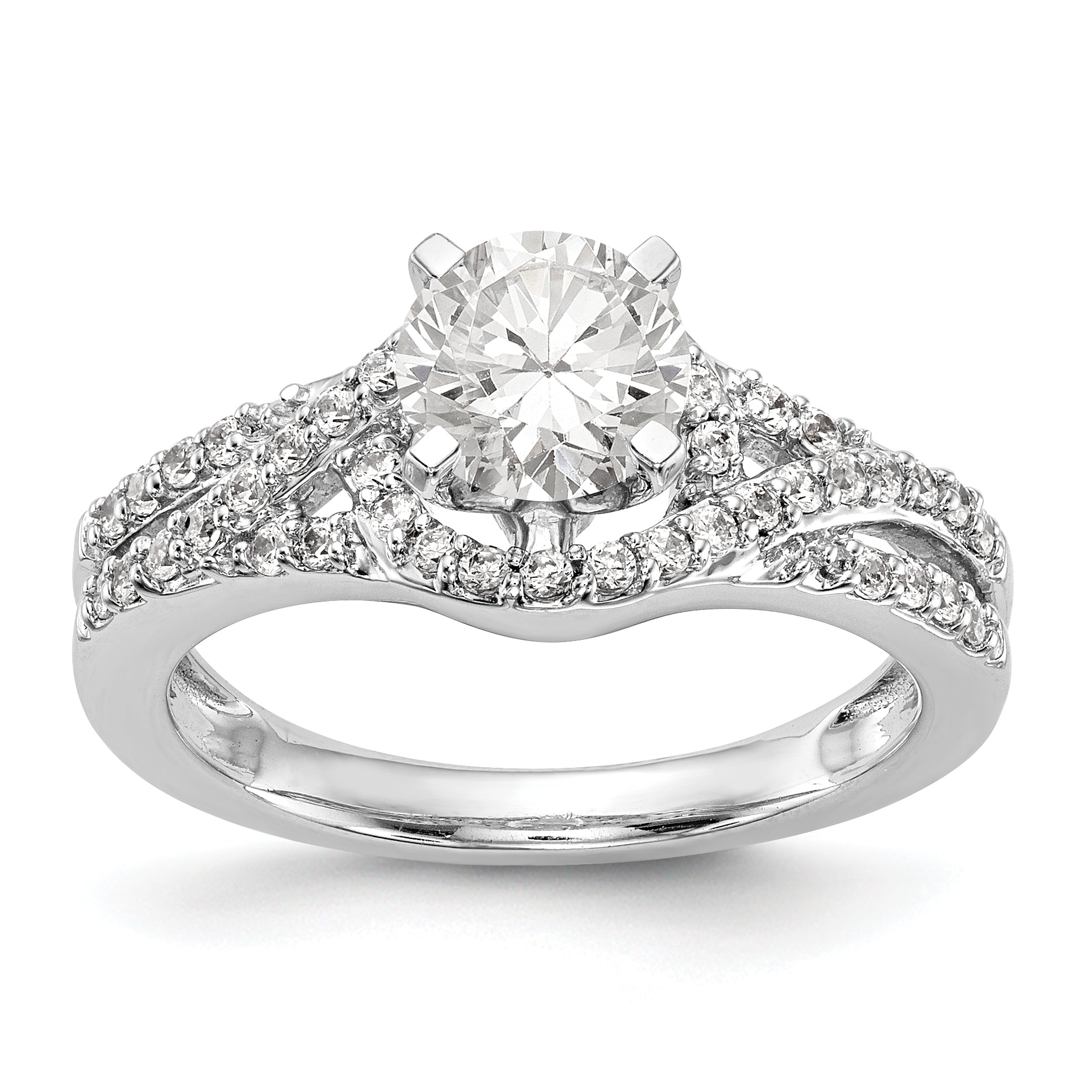 14k White Gold Peg Set Simulated Diamond Criss Cross Engagement Ring