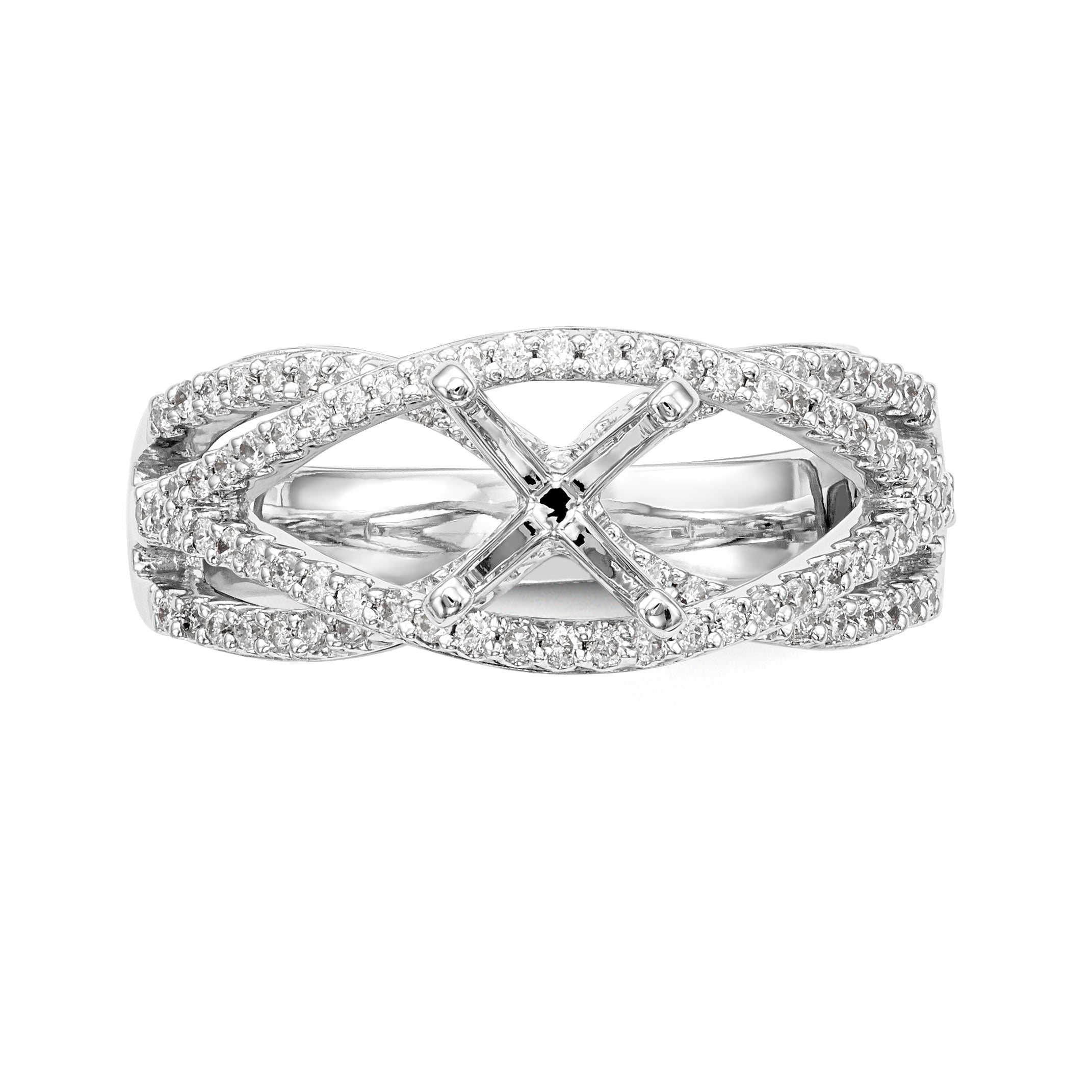 14k White Gold Peg Set Simulated Diamond Criss Cross Engagement Ring