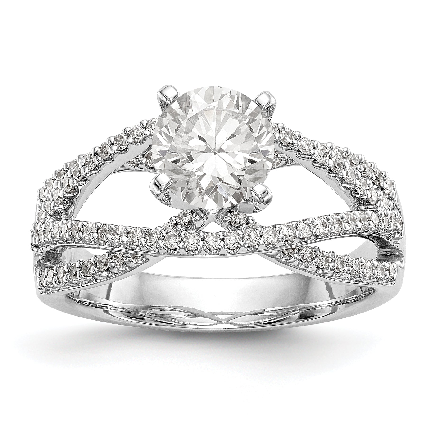 14k White Gold Peg Set Simulated Diamond Criss Cross Engagement Ring