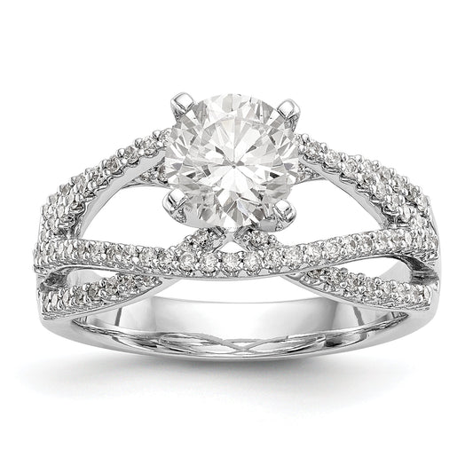 14k White Gold Peg Set Simulated Diamond Criss Cross Engagement Ring