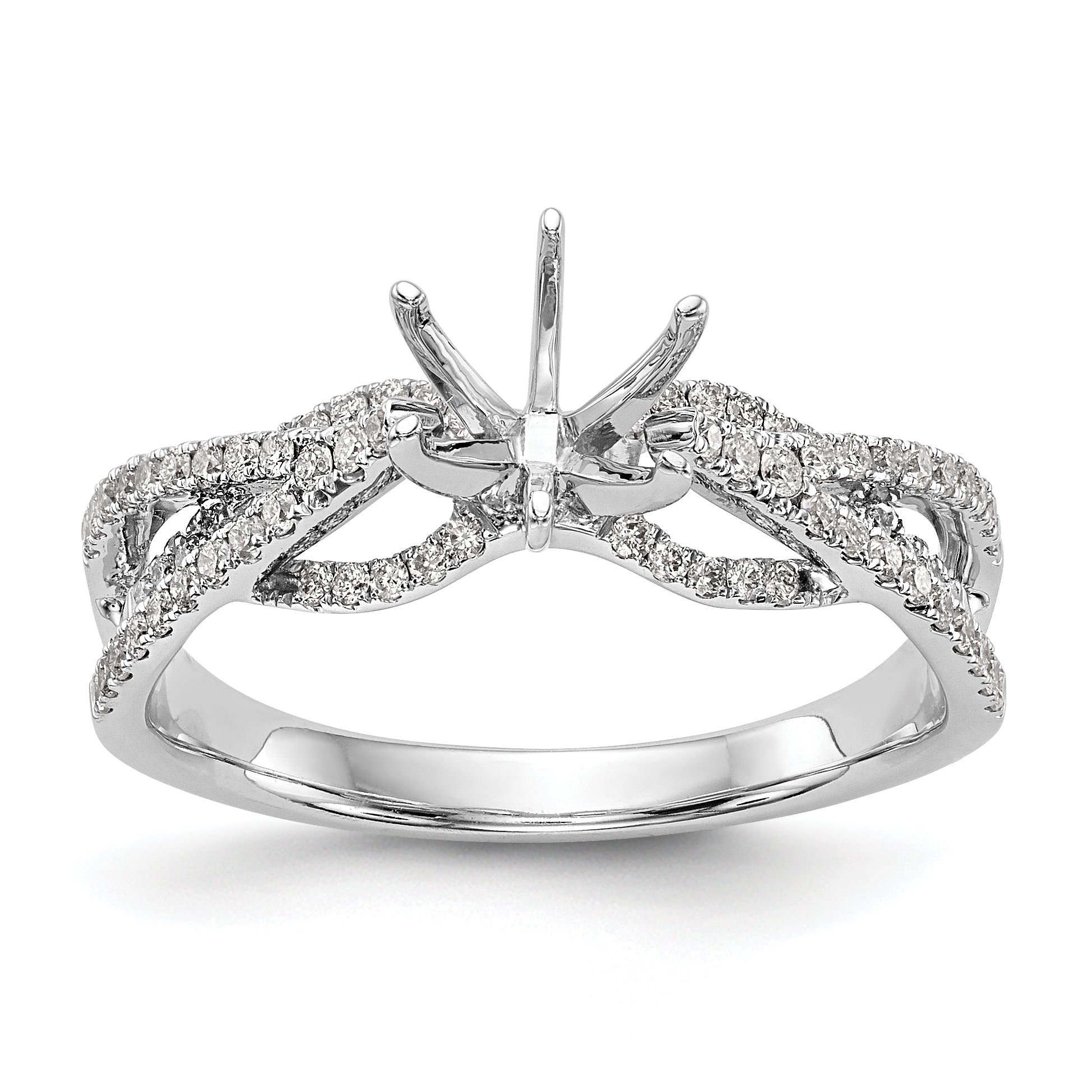 14k White Gold Peg Set Simulated Diamond Criss Cross Engagement Ring