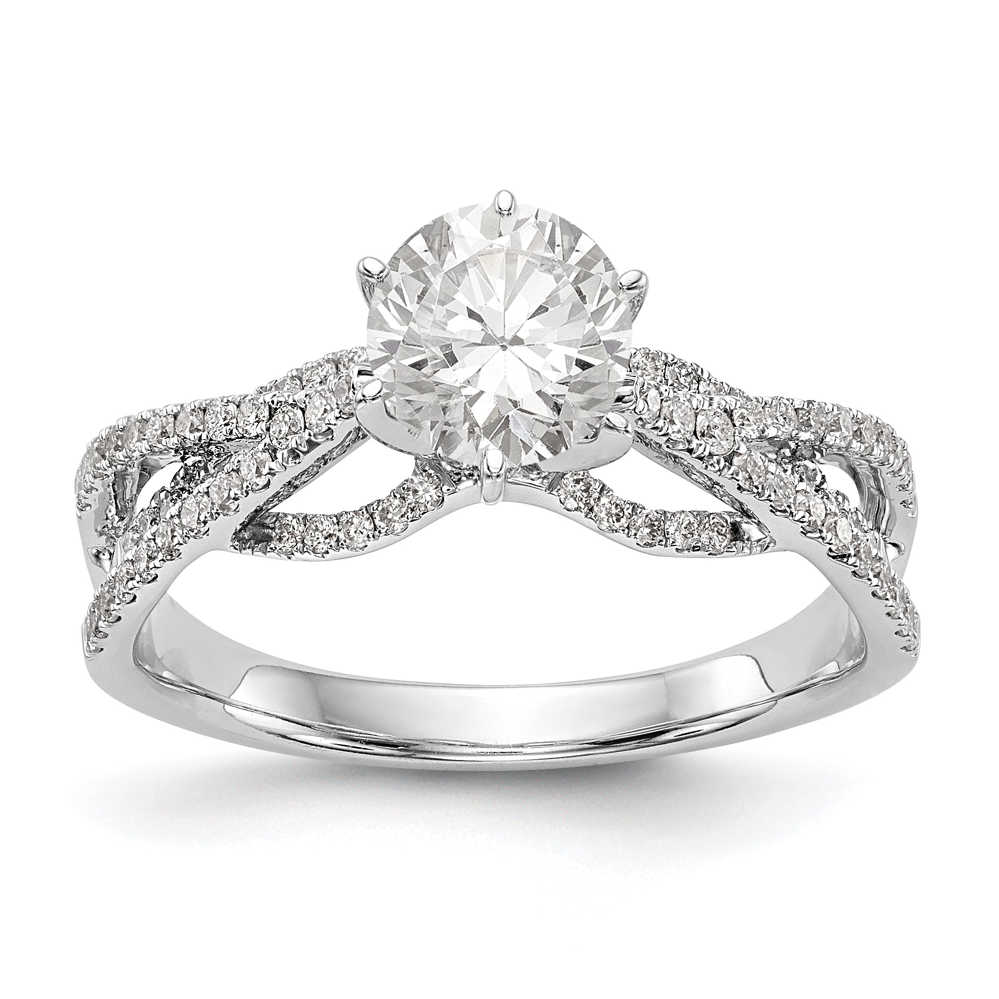 14k White Gold Peg Set Simulated Diamond Criss Cross Engagement Ring