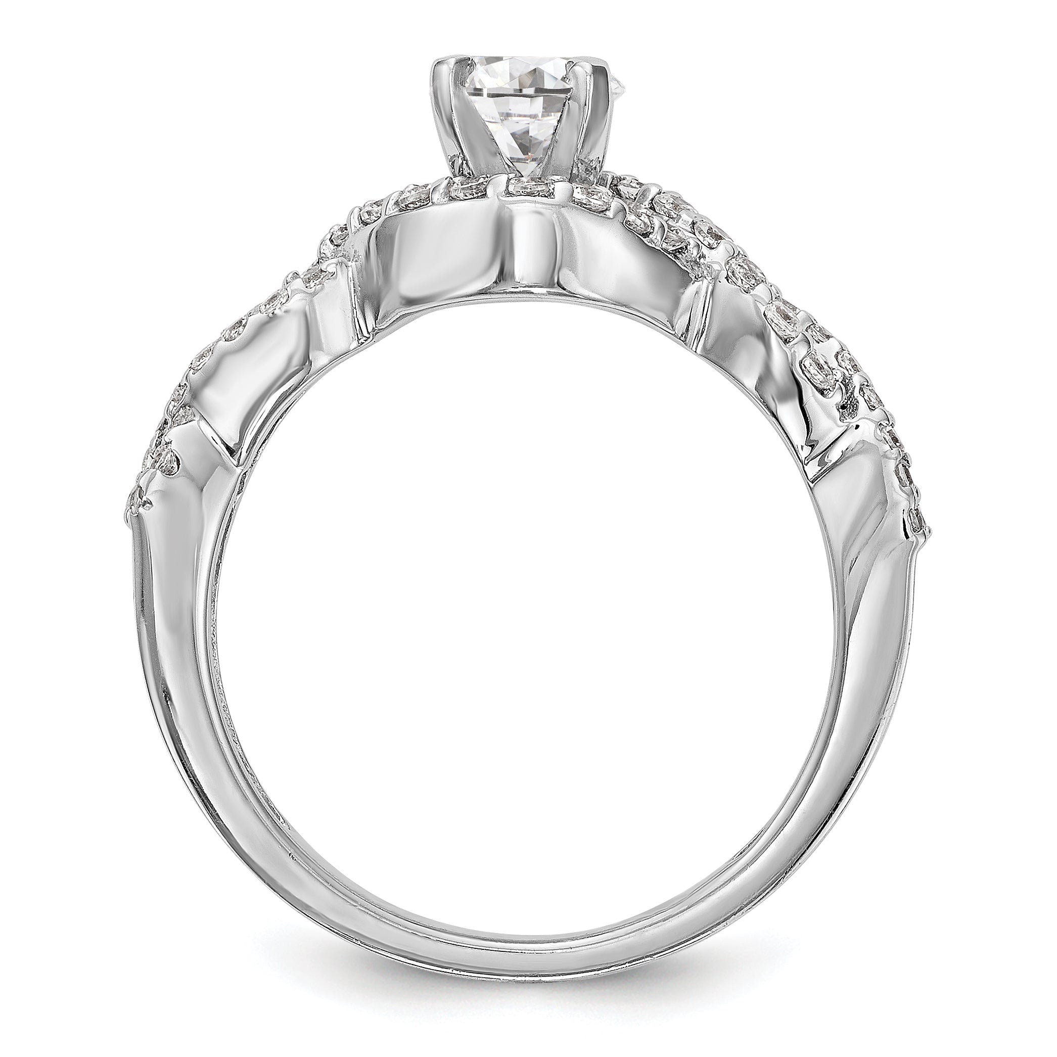 14k White Gold Peg Set Simulated Diamond Criss Cross Engagement Ring
