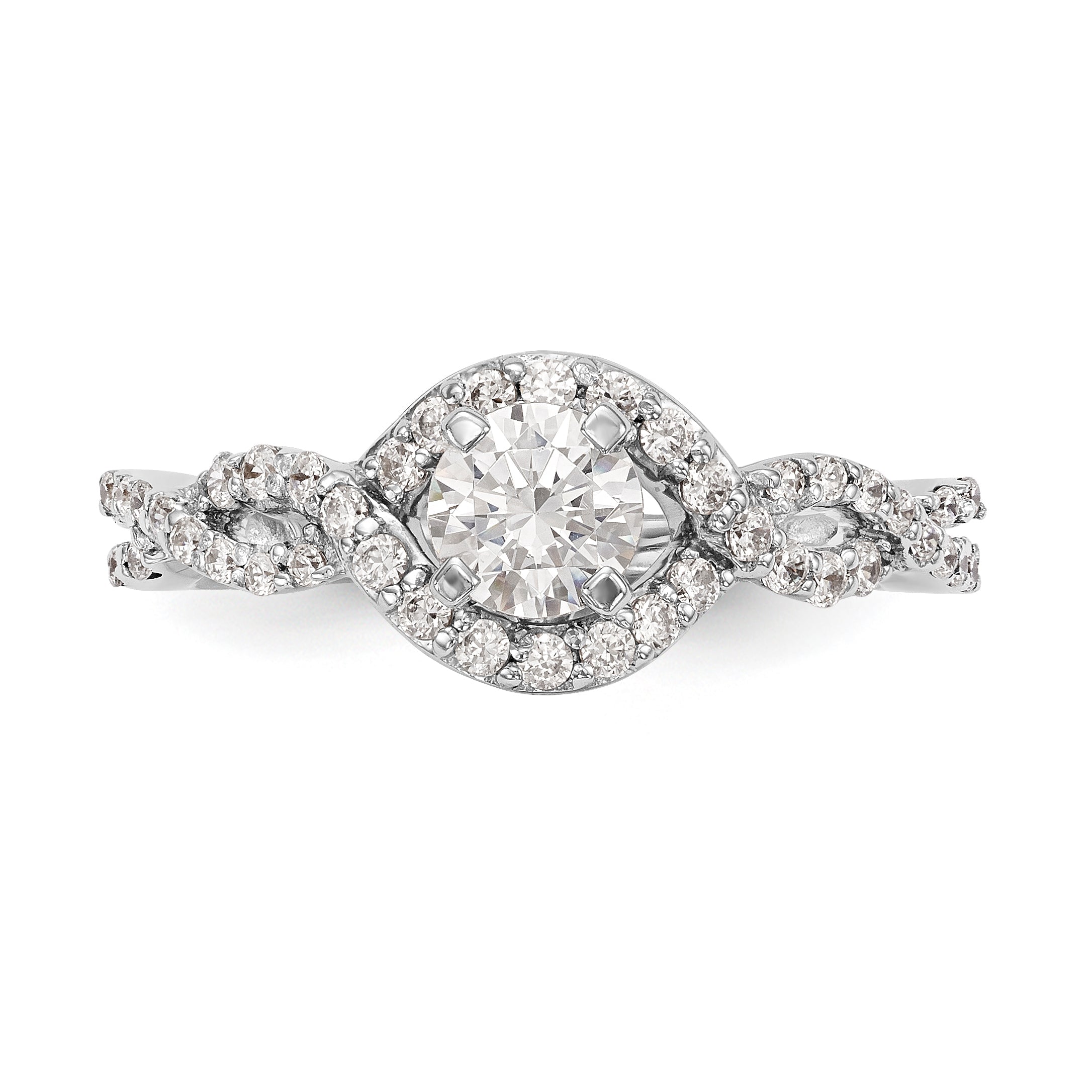 14k White Gold Peg Set Simulated Diamond Criss Cross Engagement Ring