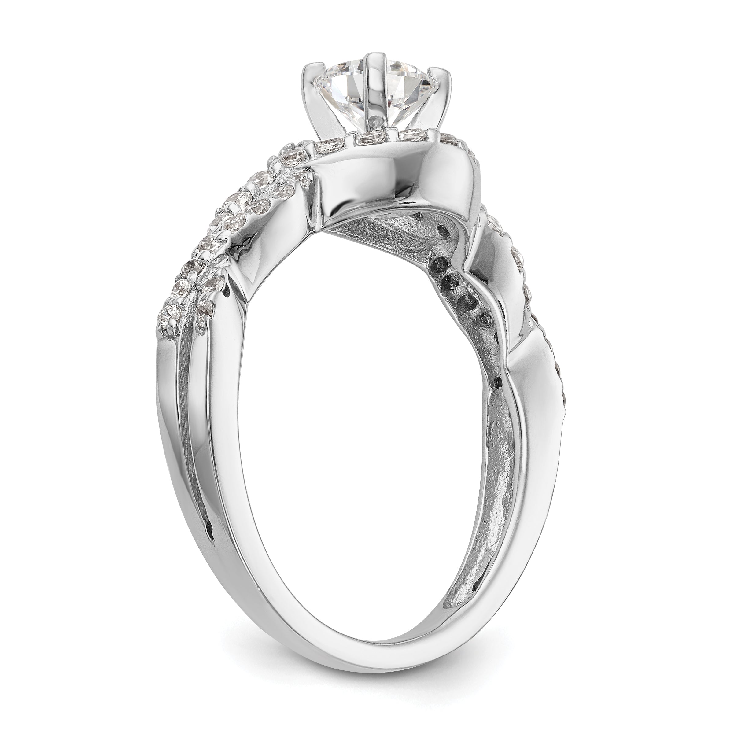 14k White Gold Peg Set Simulated Diamond Criss Cross Engagement Ring