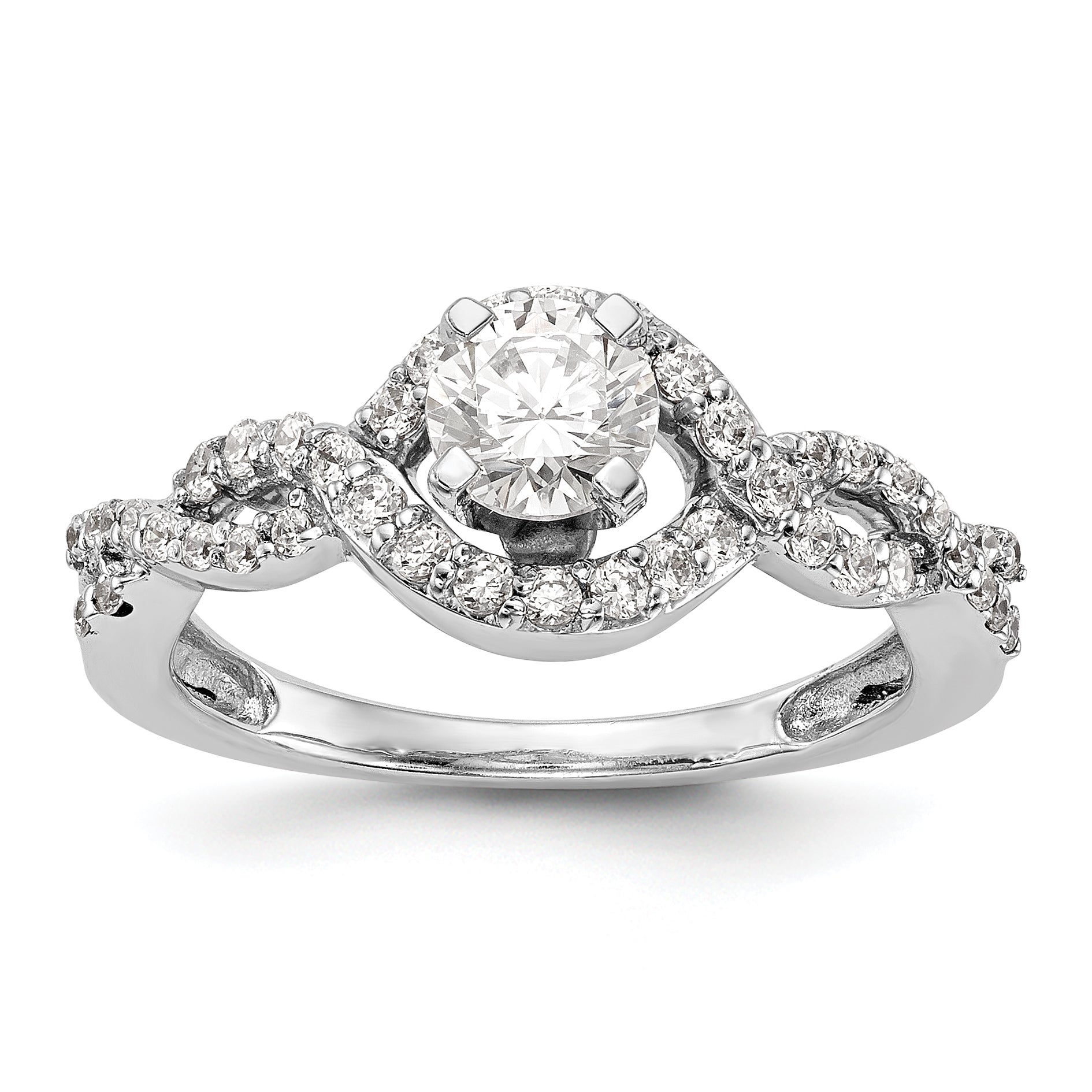 14k White Gold Peg Set Simulated Diamond Criss Cross Engagement Ring